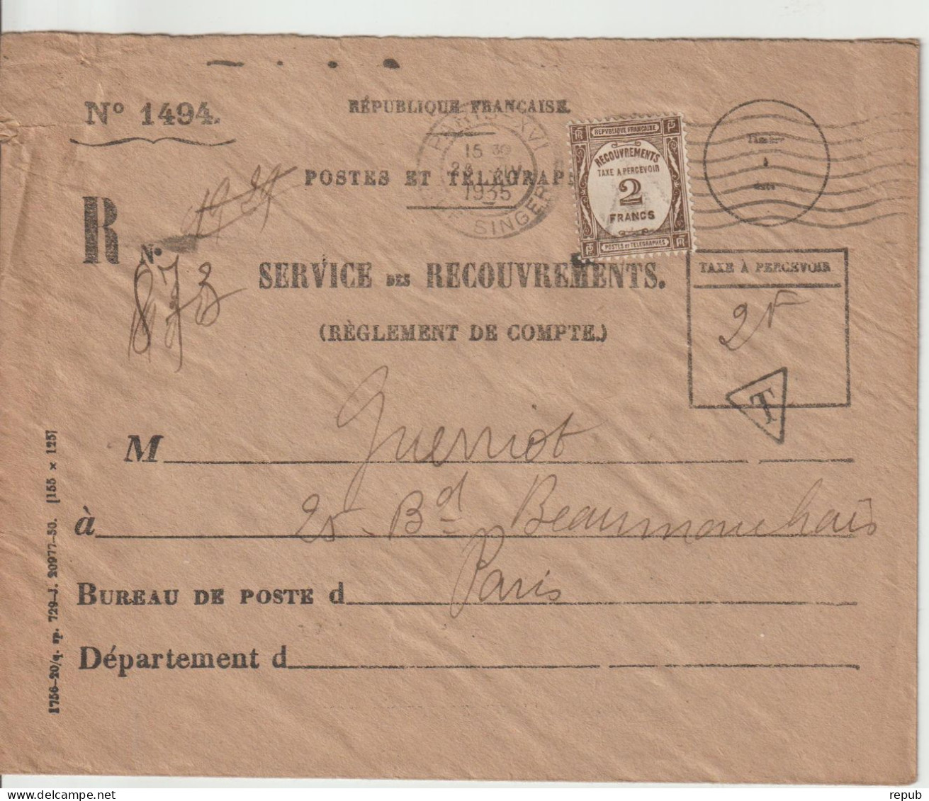 France 1935 Lettre Service Des Recouvrements Taxe 62 Oblit Paris - 1859-1959 Lettres & Documents