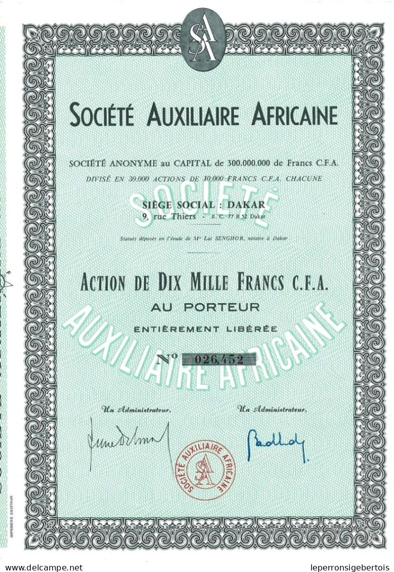 - Titre Colonial - Société Auxiliaire Africaine - à Dakar - Afrique