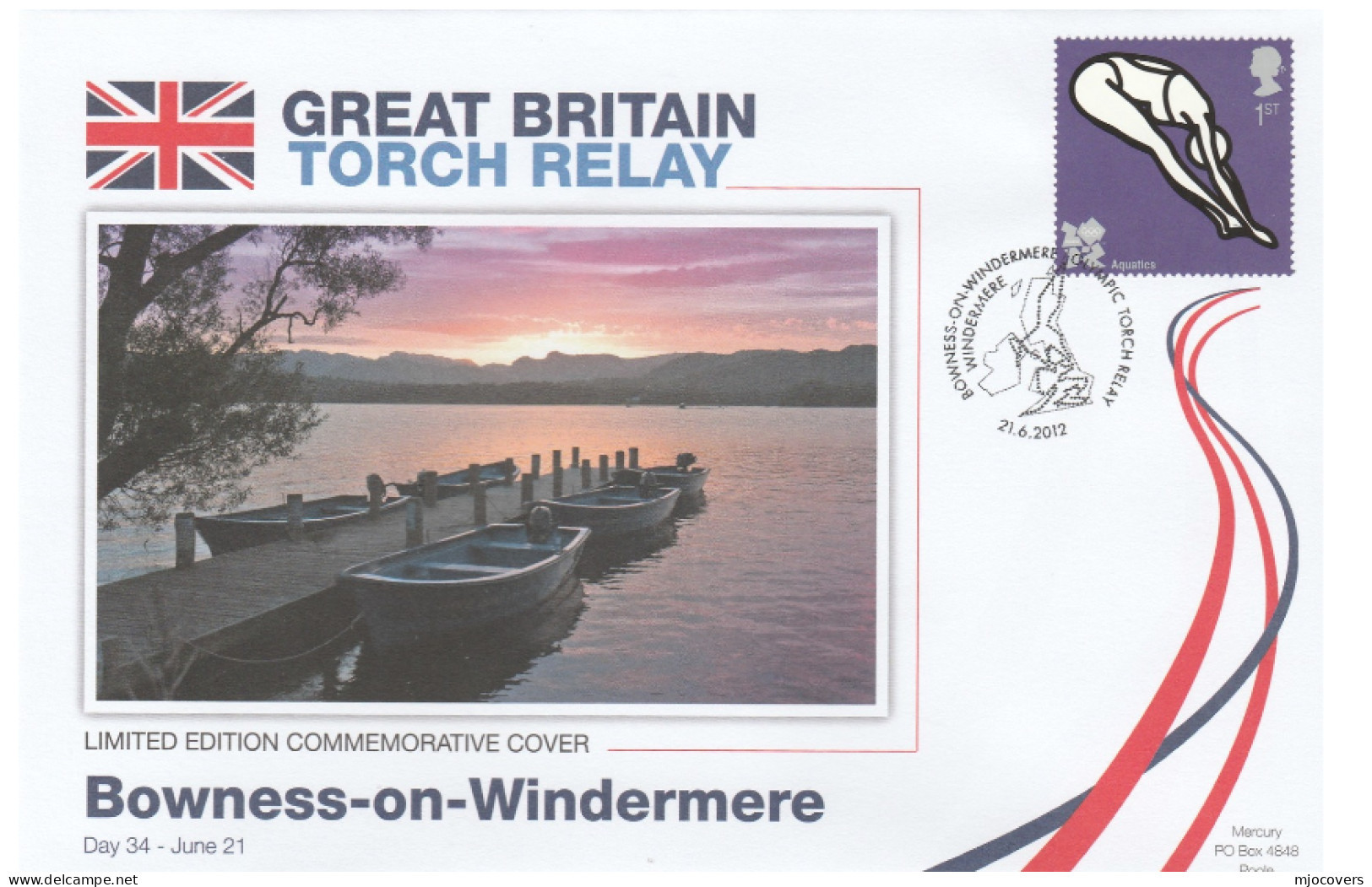 2012 Ltd Edn BOWNESS ON WINDERMERE OLYMPICS TORCH Relay COVER London OLYMPIC GAMES Sport Stamps GB - Estate 2012: London