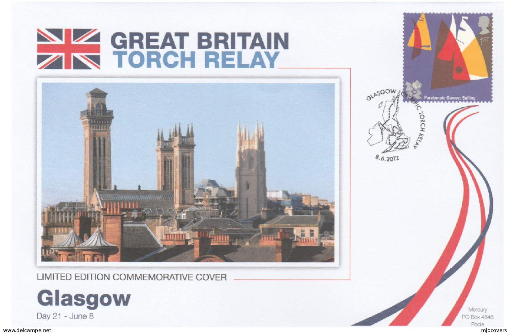 2012 Ltd Edn GLASGOW OLYMPICS TORCH Relay COVER London OLYMPIC GAMES Sport SAILING Stamps  GB - Estate 2012: London