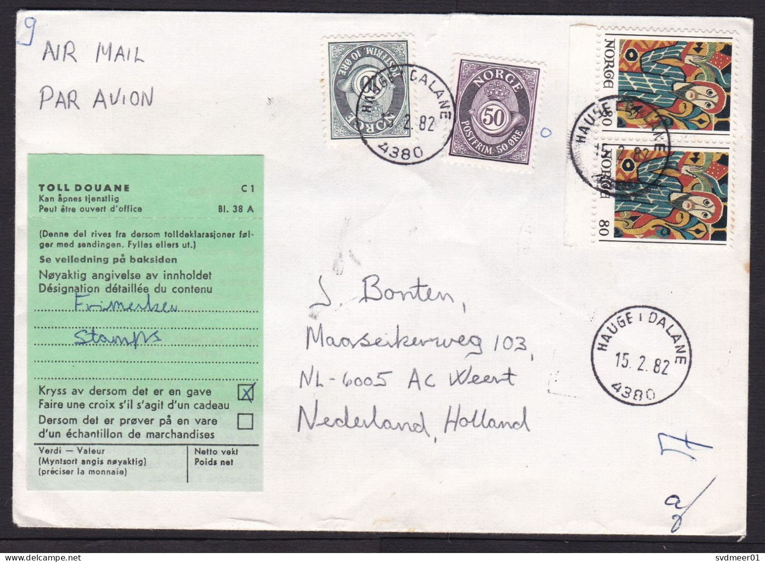 Norway: Airmail Cover To Netherlands, 1982, 4 Stamps, Art, Posthorn, C1 Customs Label (damaged, See Scan) - Covers & Documents