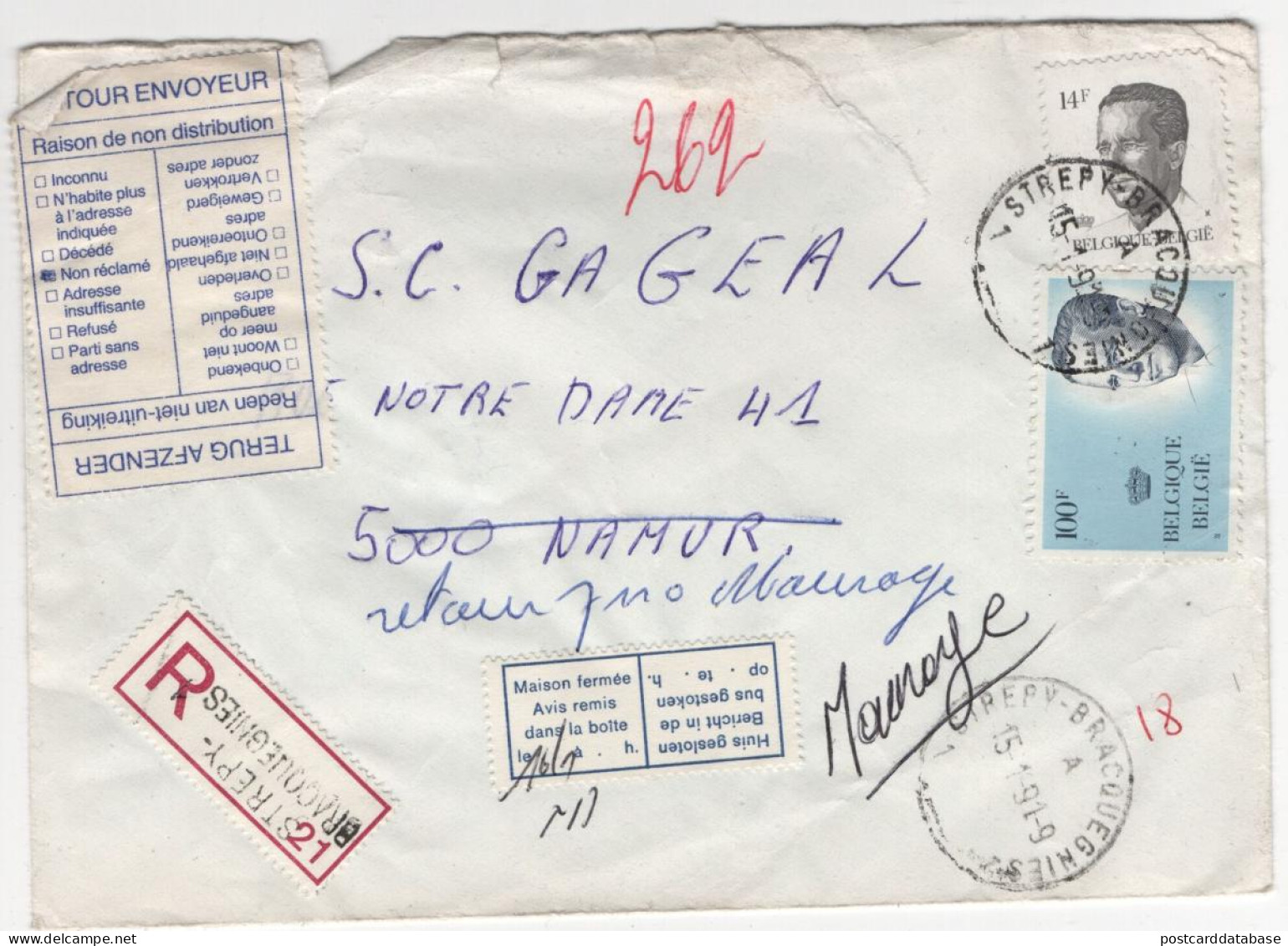 Envelope - Belgium - Registered Strepy Bracquegnies 1991 - Briefe U. Dokumente