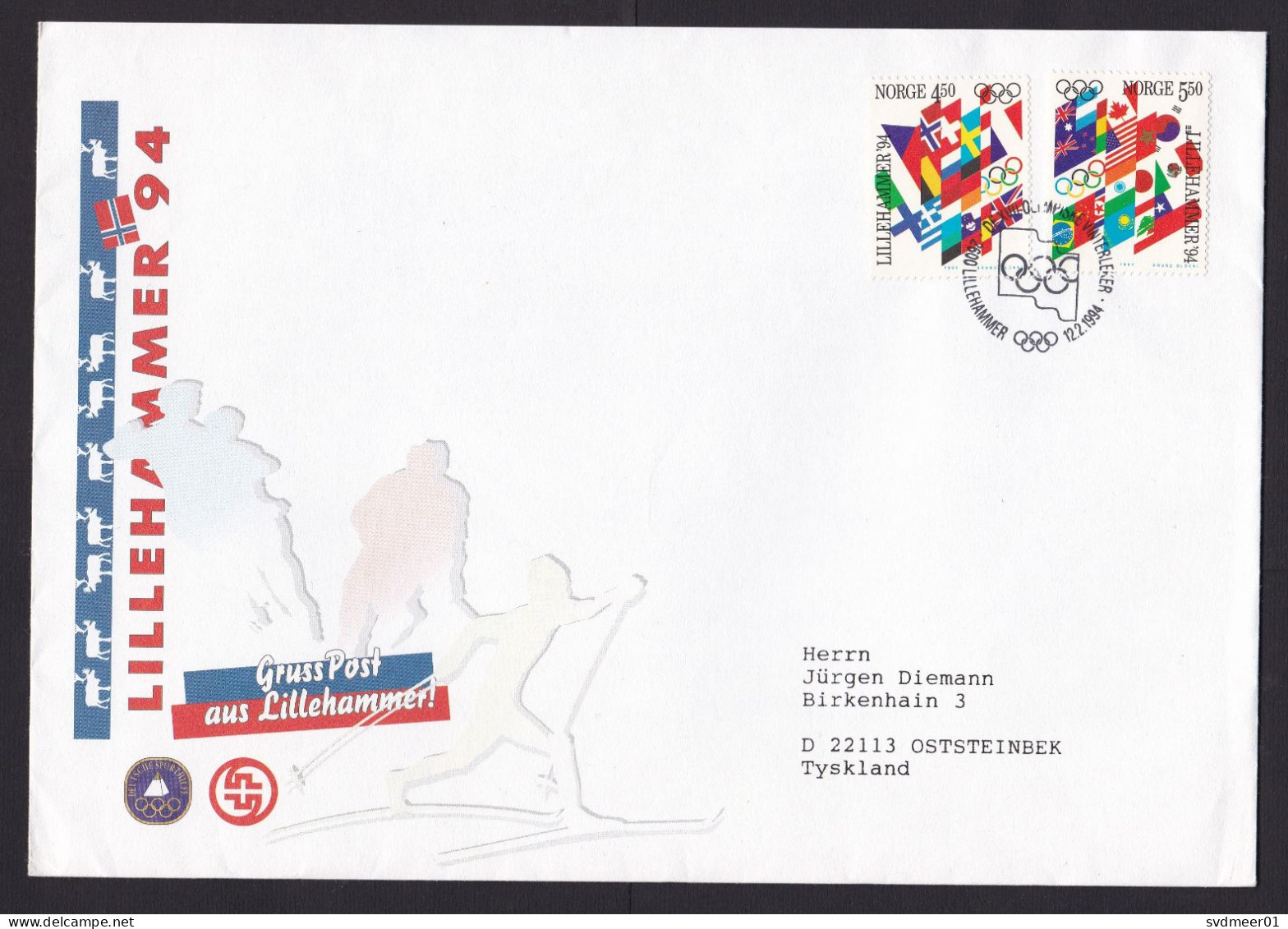Norway: Cover To Gerrmany, 1994, 2 Stamps, Olympics Lillehammer, Picture Cards German Sporters Enclosed (traces Of Use) - Storia Postale