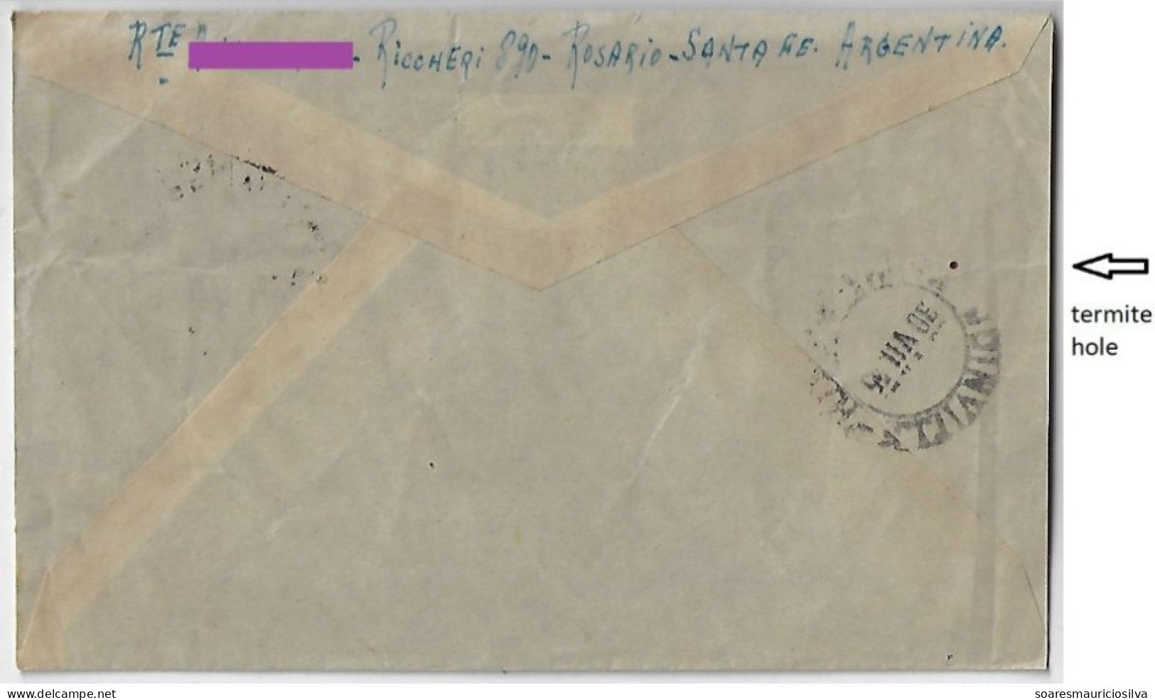 Argentina 1955 Airmail Cover From Rosário To Joinville Brazil 4 Stamp Five-Year Plan UPU Eva Peron Termite Hole - Briefe U. Dokumente