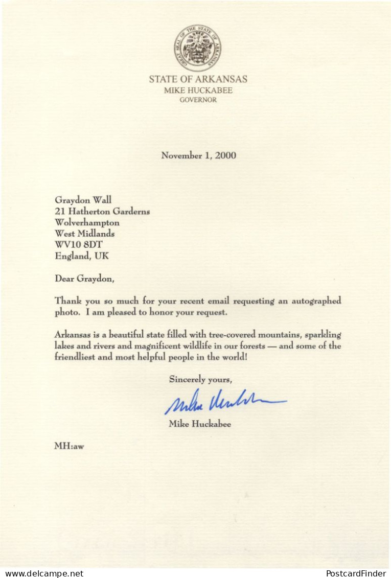 Mike Huckabee Arkansas USA Politician Ultimate Hand Signed Letter & Photo - Politiek & Militair