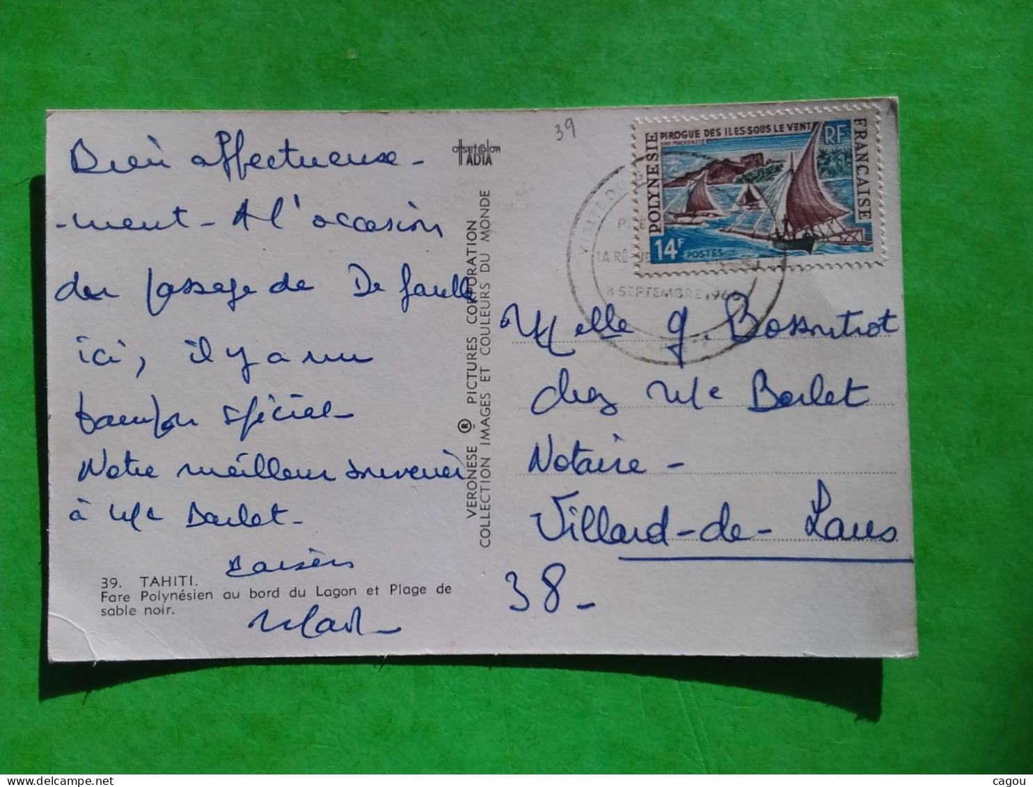 CARTE POSTALE TAHITI FARE TIMBRE N°39 + CACHET VISITE GÉNÉRAL DE GAULLE 8/9/1966 - Polynésie Française