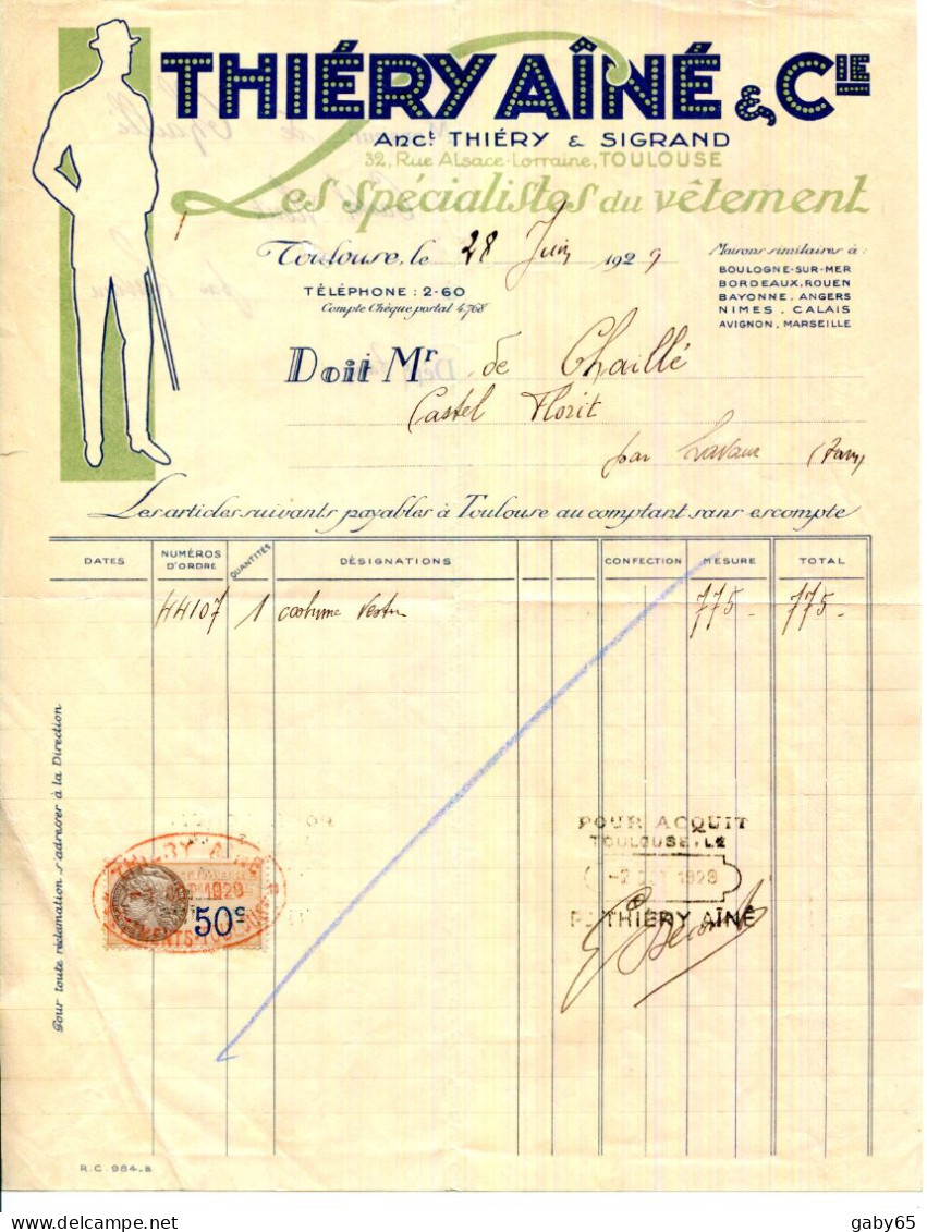 FACTURE.31.TOULOUSE.THIÉRY AINÉ & Cie.ANCIEN THIÉRY & SIGRAND LES SPÉCIALISTES DU VÊTEMENT.32 RUE ALSACE-LORRAINE. - Kleding & Textiel