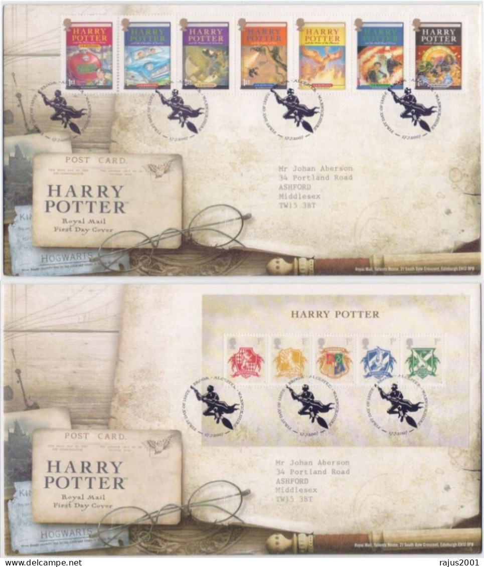 Harry Potter, 7 Film Series, J. K. Rowling, Novels, Magic School Hogwarts, OWL, Car, Train, Dragon, Britain 2x FDC 2007 - Lettres & Documents