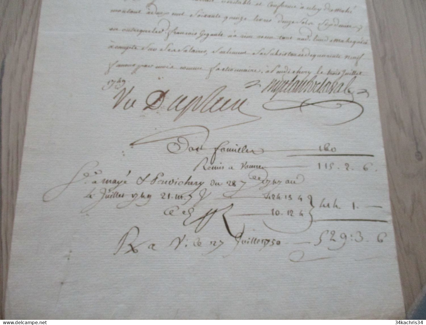 M45 Compagnie Des Indes Pièce Signée Pondichéry 1749 Dupleix Extrait De Décompte De Matelot - Historische Personen