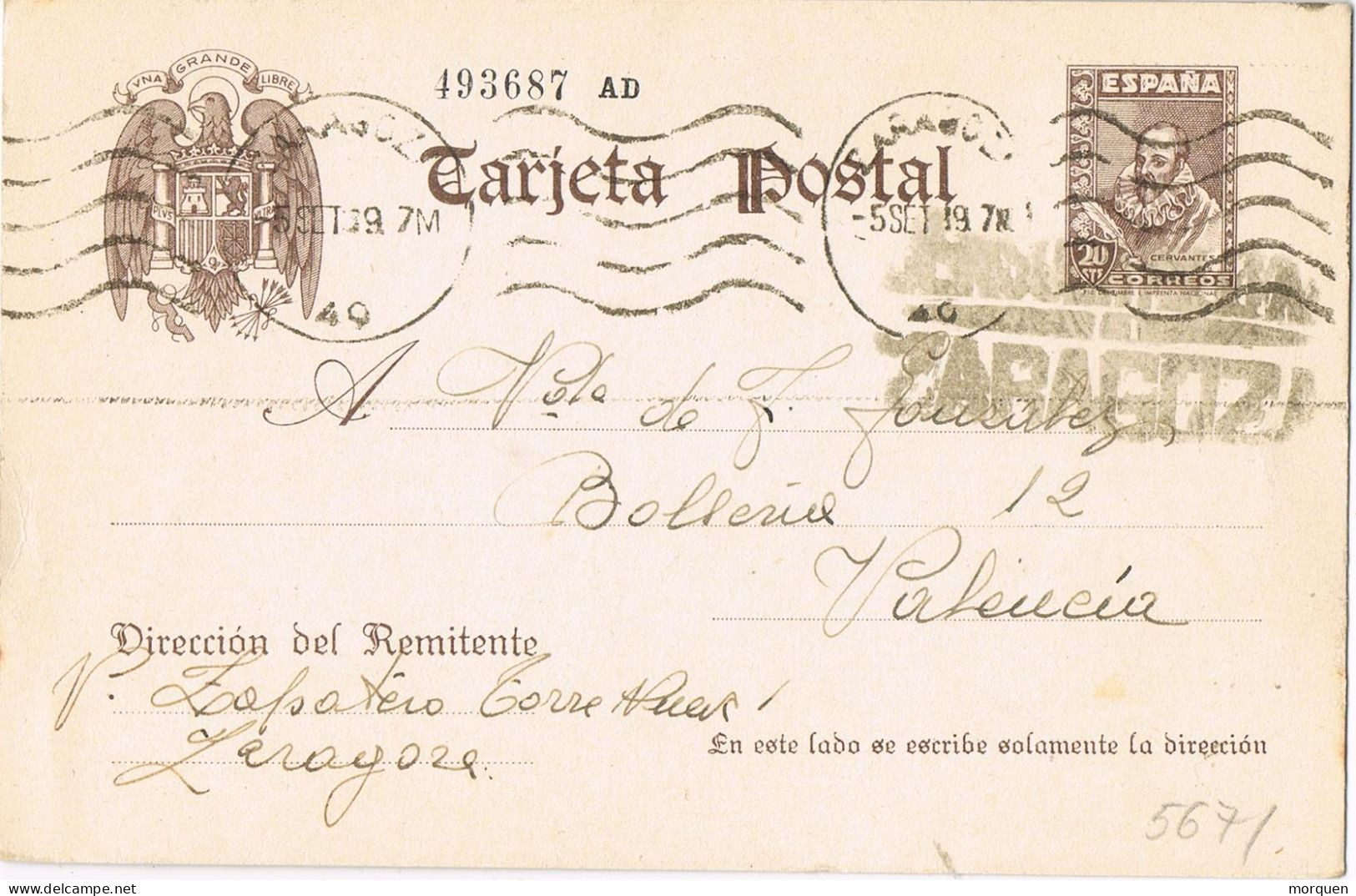 53675. Entero Postal ZARAGOZA 1939. Guerra Civil, CENSURA MILITAR, Cervantes Con Pie Imprenta, Num 83 - 1931-....