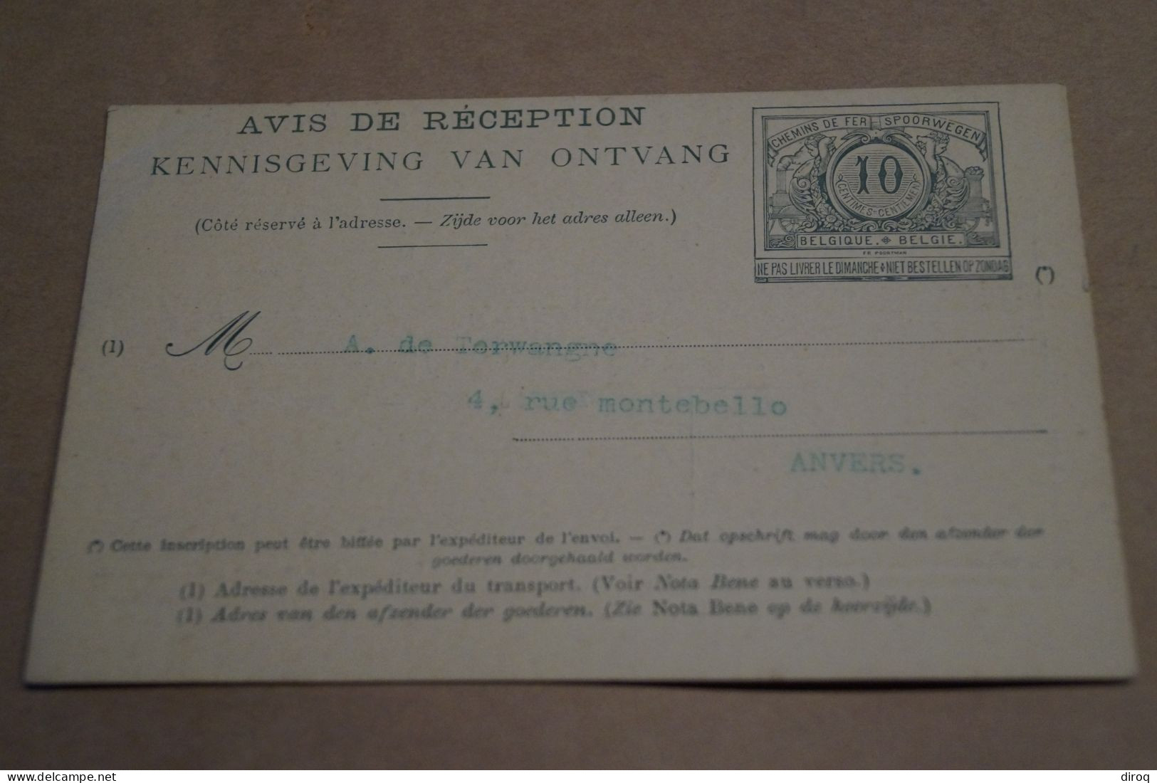 Superbe Avis De Reception,chemin De Fer, 20 Cent. Bel état De Collection - Briefkaarten 1871-1909