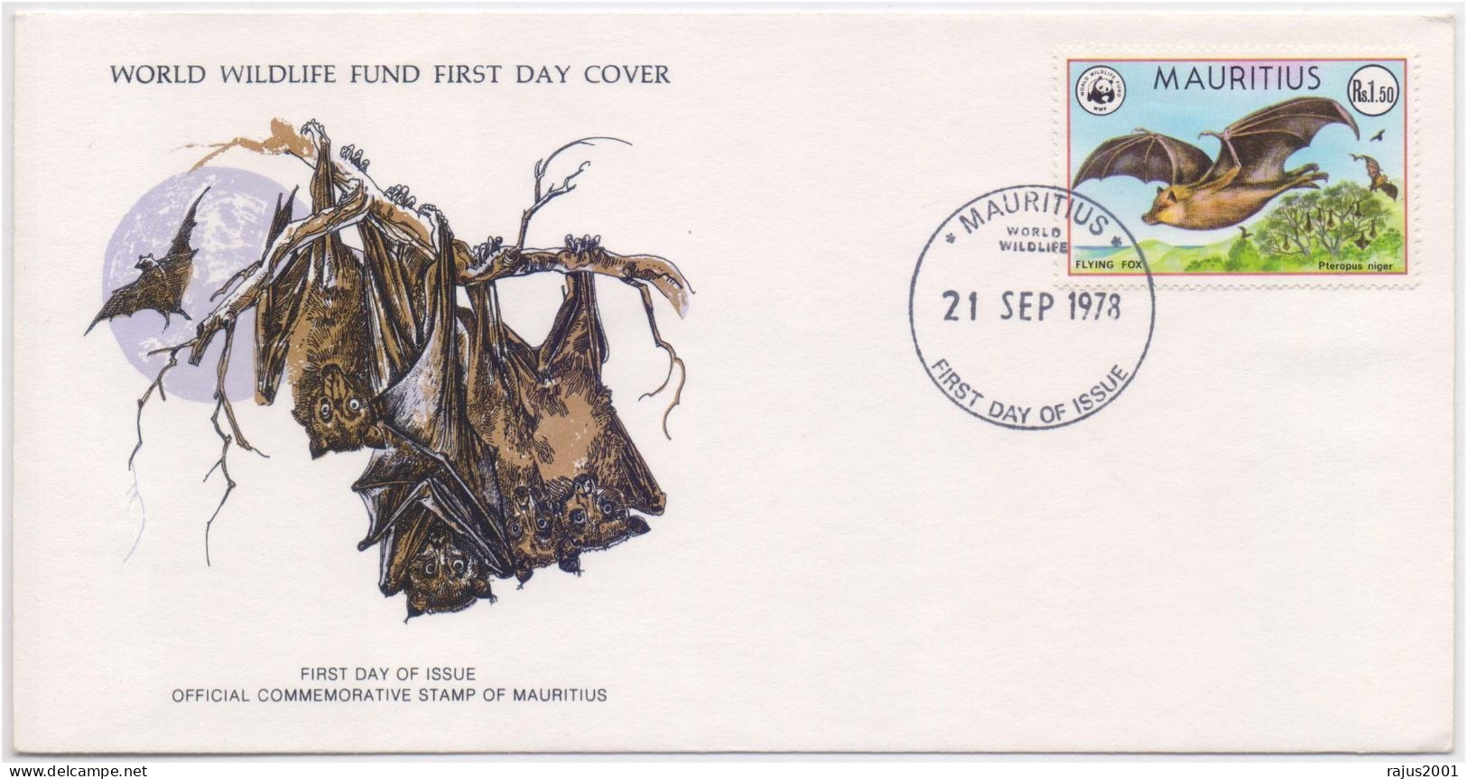 Pteropus Niger Genus Of Megabats, Largest Bats In The World, Fruit Bats Or Flying Fox, Animal Mammals Mauritius FDC 1978 - Murciélagos