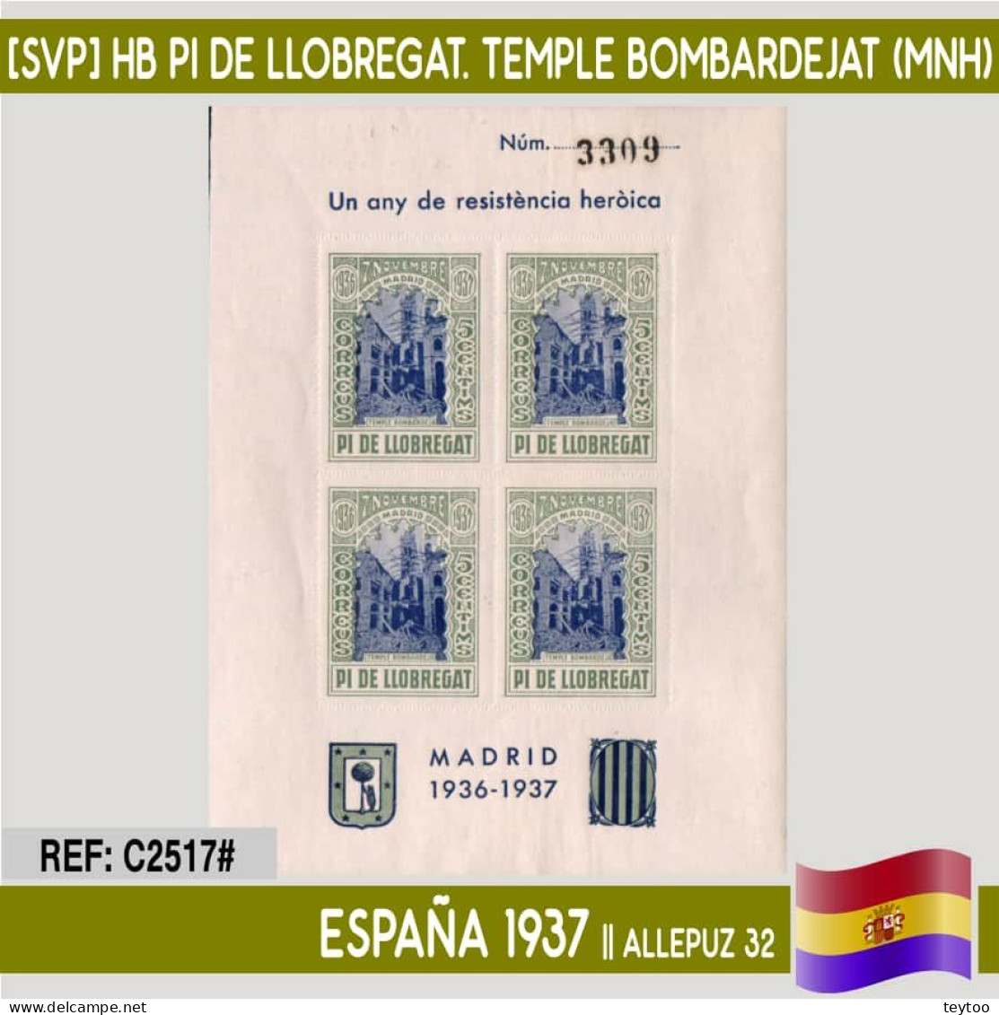 C2517# España 1937 [SVP] HB Pi De Llobregat. Temple Bombardejat (MNH) - Republican Issues