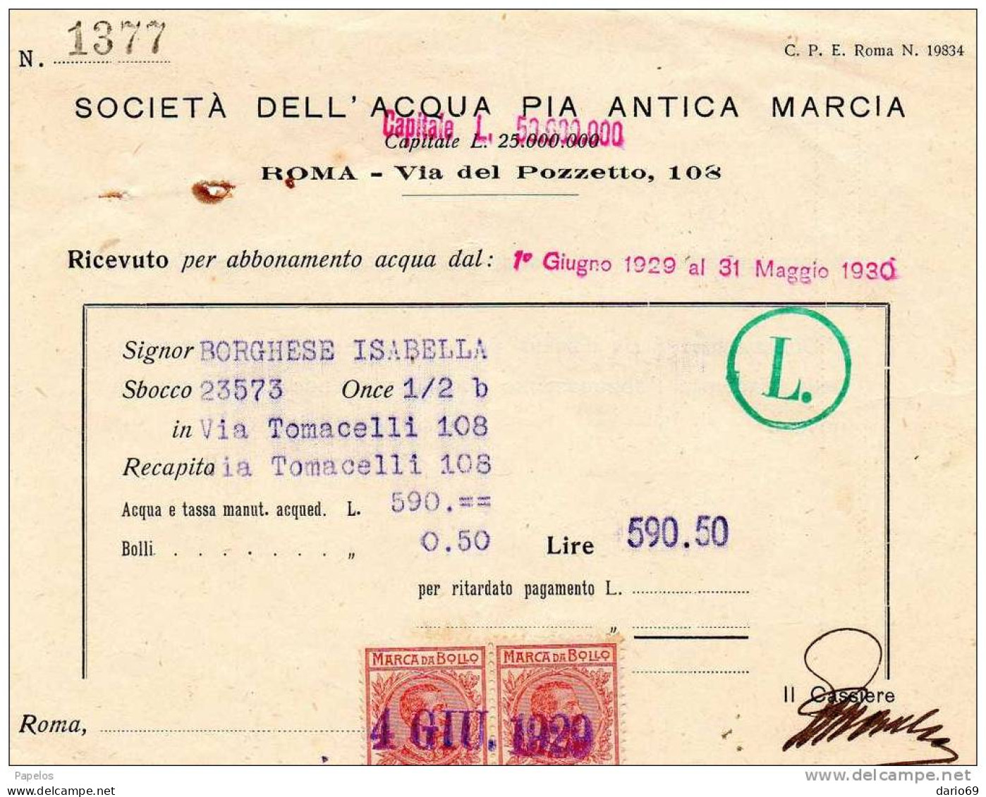 1929 RICEVUTA PER ABBONAMENTO ACQUA  CON 2 MARCHE DA CENT. 20 SOCIETA'DELL'ACQUA PIA ANTICA MARCIA - Steuermarken