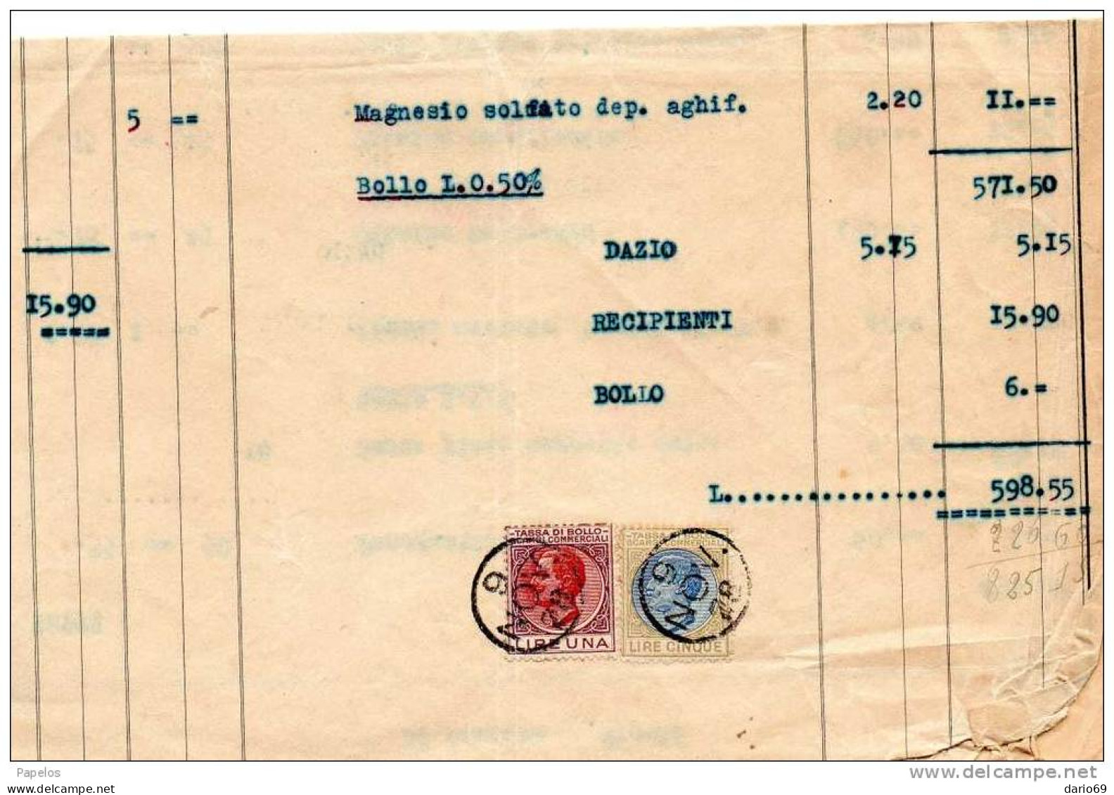 1928  MARCHE DA BOLLO LIRE 1 + LIRE 5 - Fiscaux