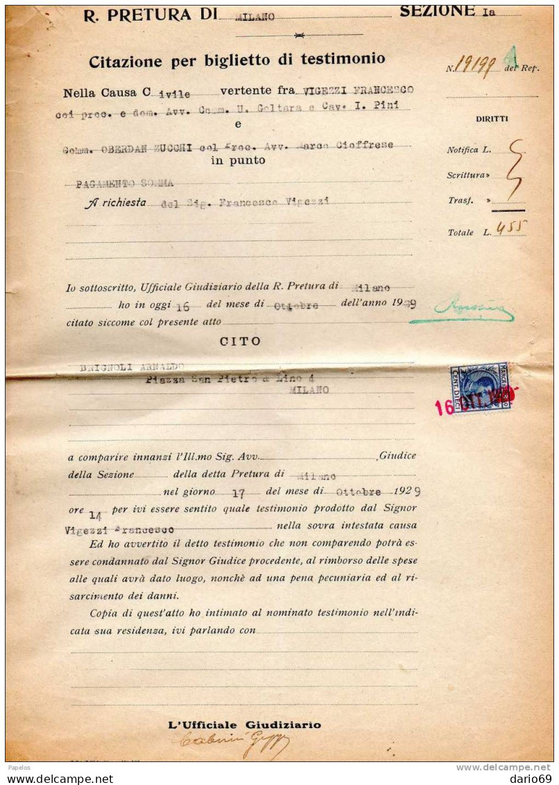1929 CITAZIONE CON MARCA DA BOLLO DA CENT 10 - Fiscali