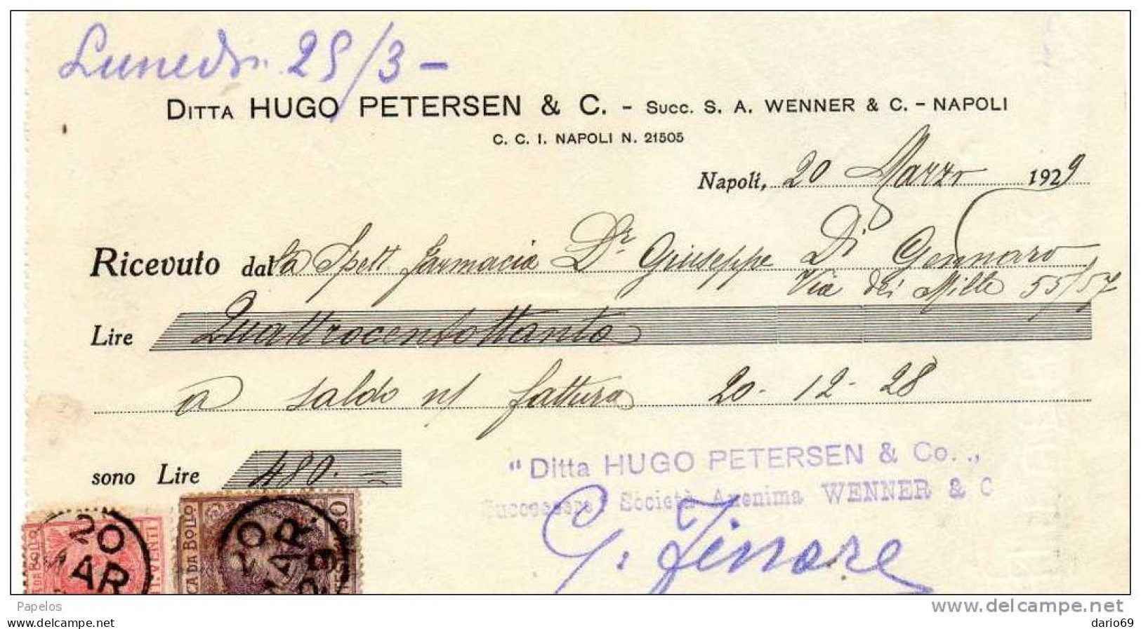 1929 RICEVUTA DITTA HUGO PETERSEN CON MARCA DA CENT. 50  + CENT 20 - Fiscales