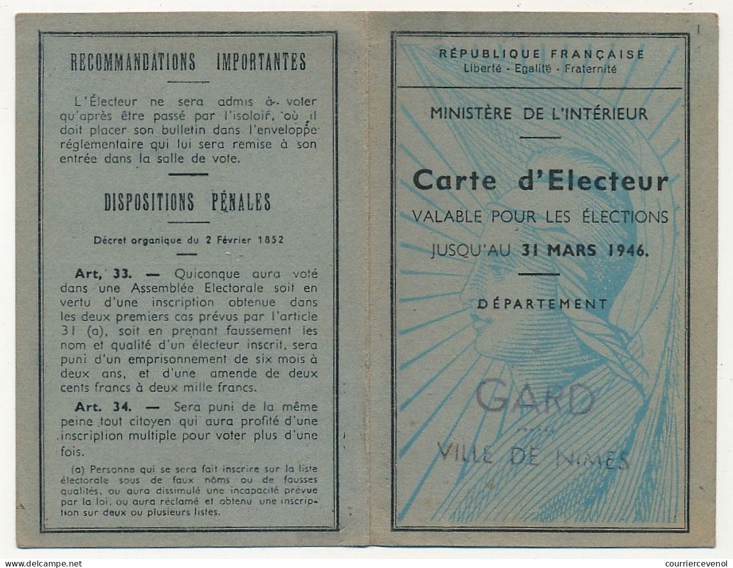 FRANCE - Carte D'électeur X2 31 Mars 1946 - Nimes (Gard) Et Annonay (Ardèche) - Documents Historiques