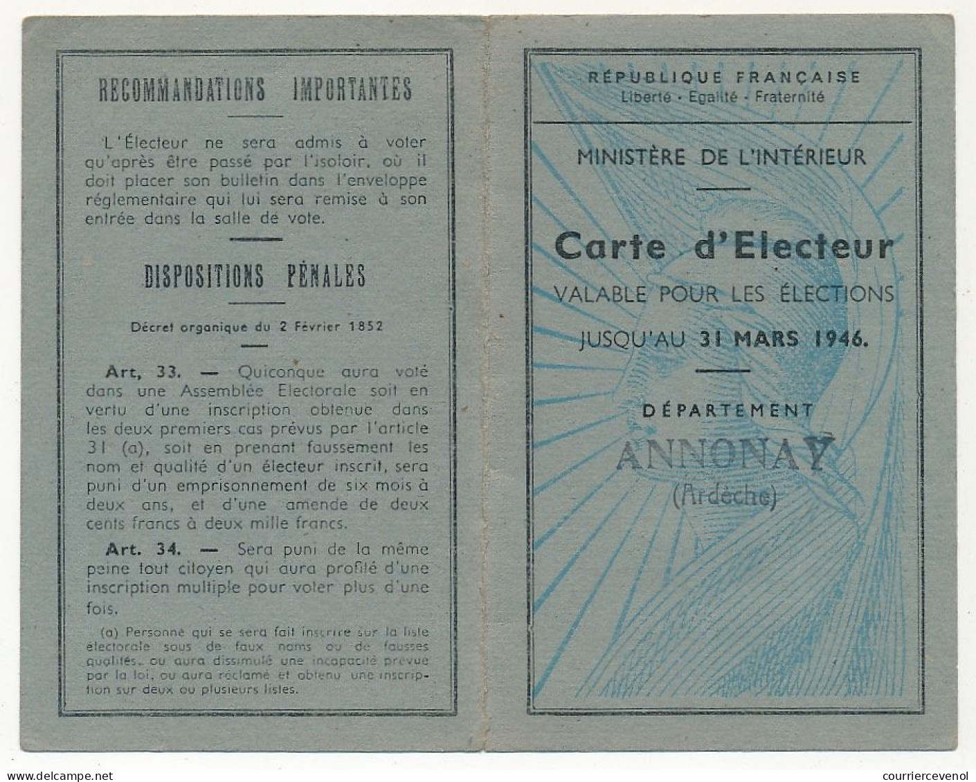 FRANCE - Carte D'électeur X2 31 Mars 1946 - Nimes (Gard) Et Annonay (Ardèche) - Documents Historiques