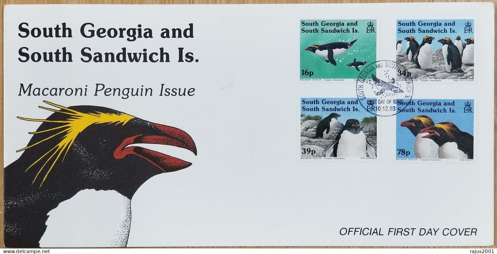 Macaroni Penguin, Bird, Birds, Antarctic Peninsula, Royal Penguins, Yellow Crest Head, Animal, South Georgia FDC 1993 - Pinguini