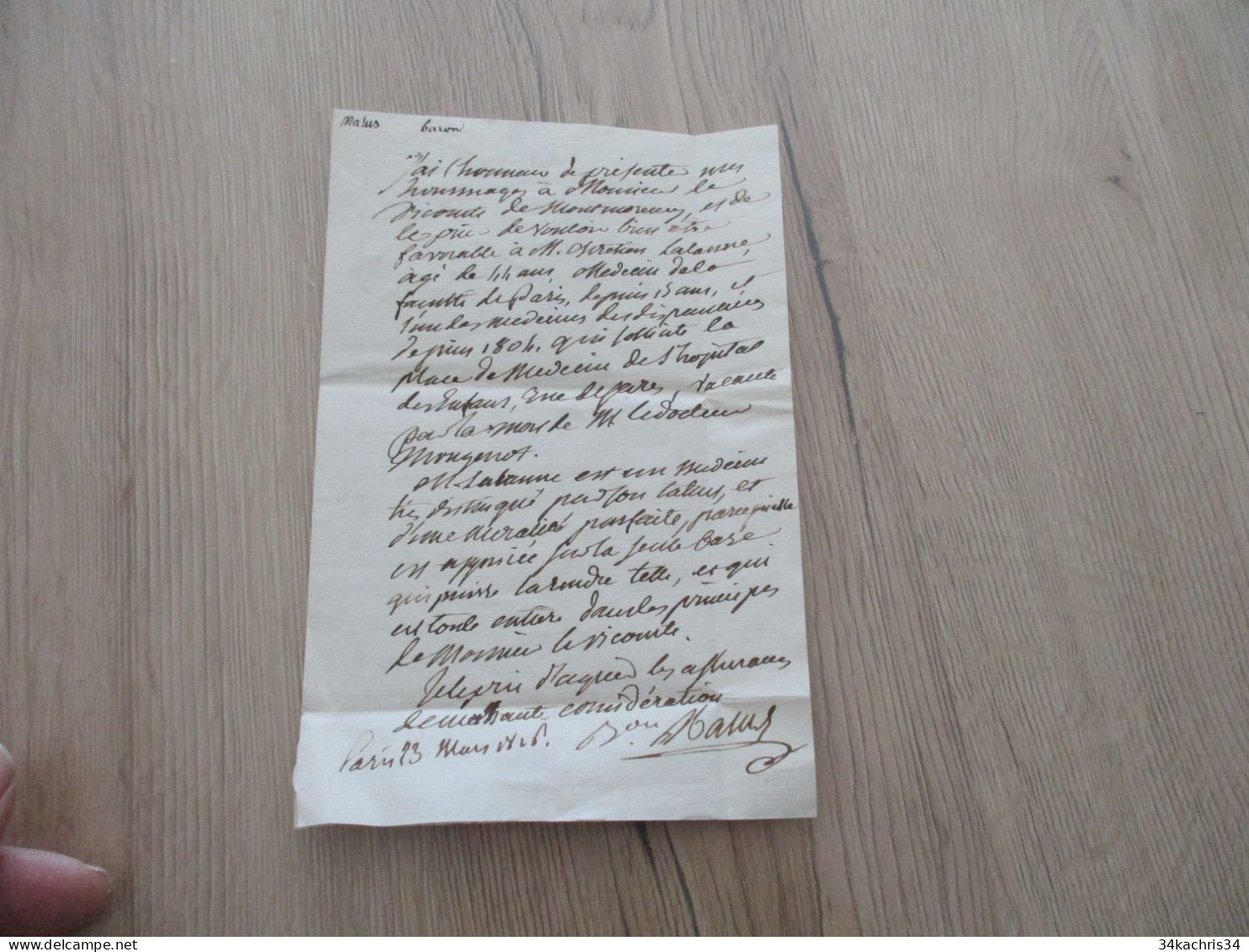 M45 LAS Autographe Baron De Malus 1826 Au Vicomte De Montmorency  Lettre De Recommandation Lalanne Médecin Pour Hôpital - Personajes Historicos