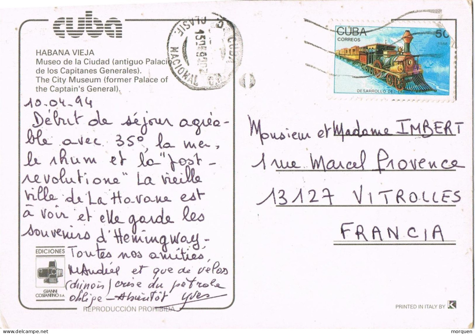 53681. Postal Aerea HABANA (Cuba) 1994. Ferrocarril Stamp. Vista Habana Vieja, Museo Ciudad - Cartas & Documentos