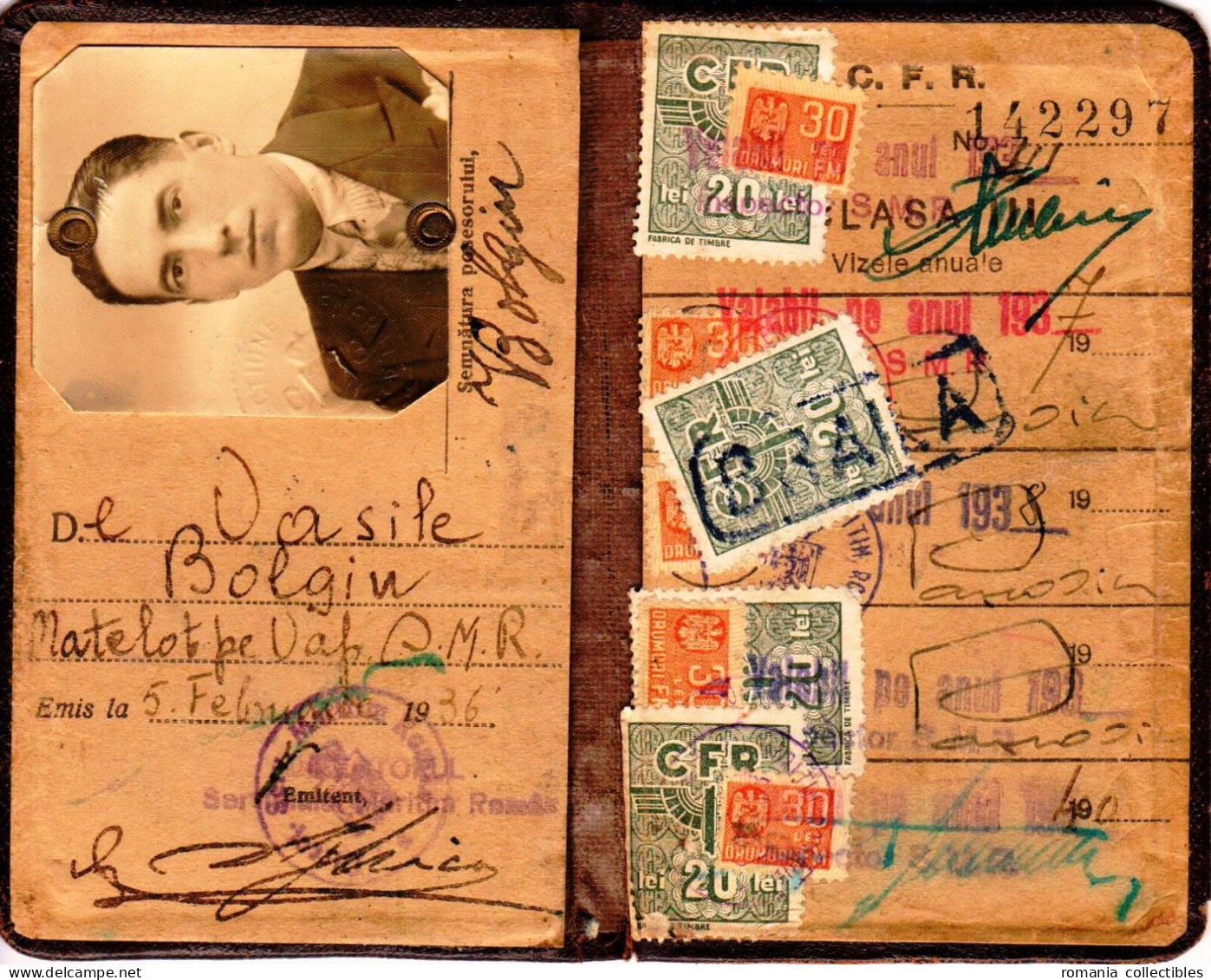 Romania, 1936, Romanian Railways CFR Identity Card - Revenue Fiscal Stamps / Cinderellas - Altri & Non Classificati