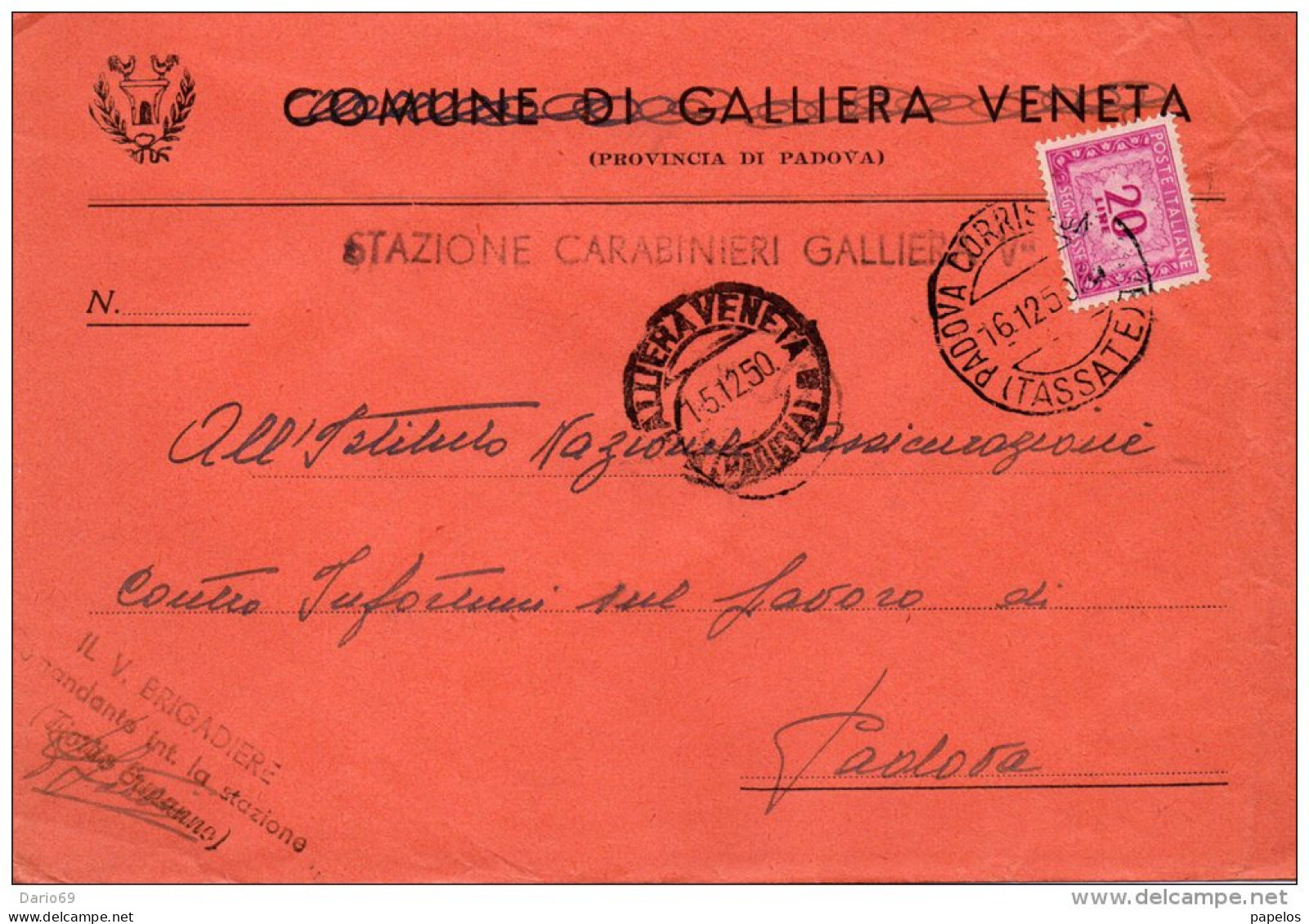 1950  LETTERA CON ANNULLO   GALLIERAVENETA    PADOVA - Portomarken