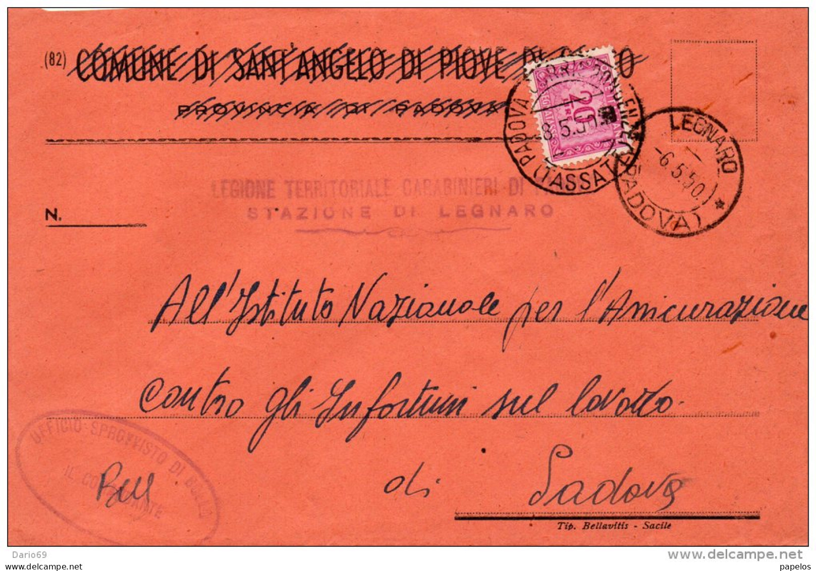 1950  LETTERA CON ANNULLO  LEGNARO  PADOVA - Taxe