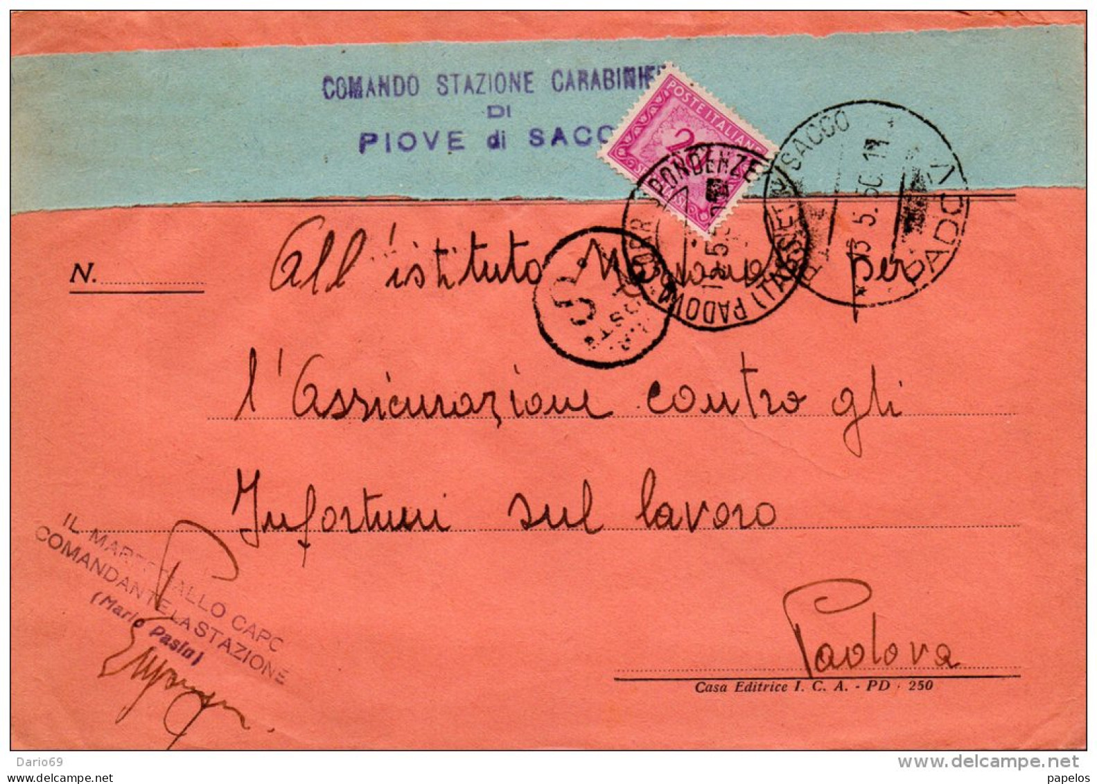 1950  LETTERA CON ANNULLO  PIOVE DII SACCO   PADOVA - Taxe