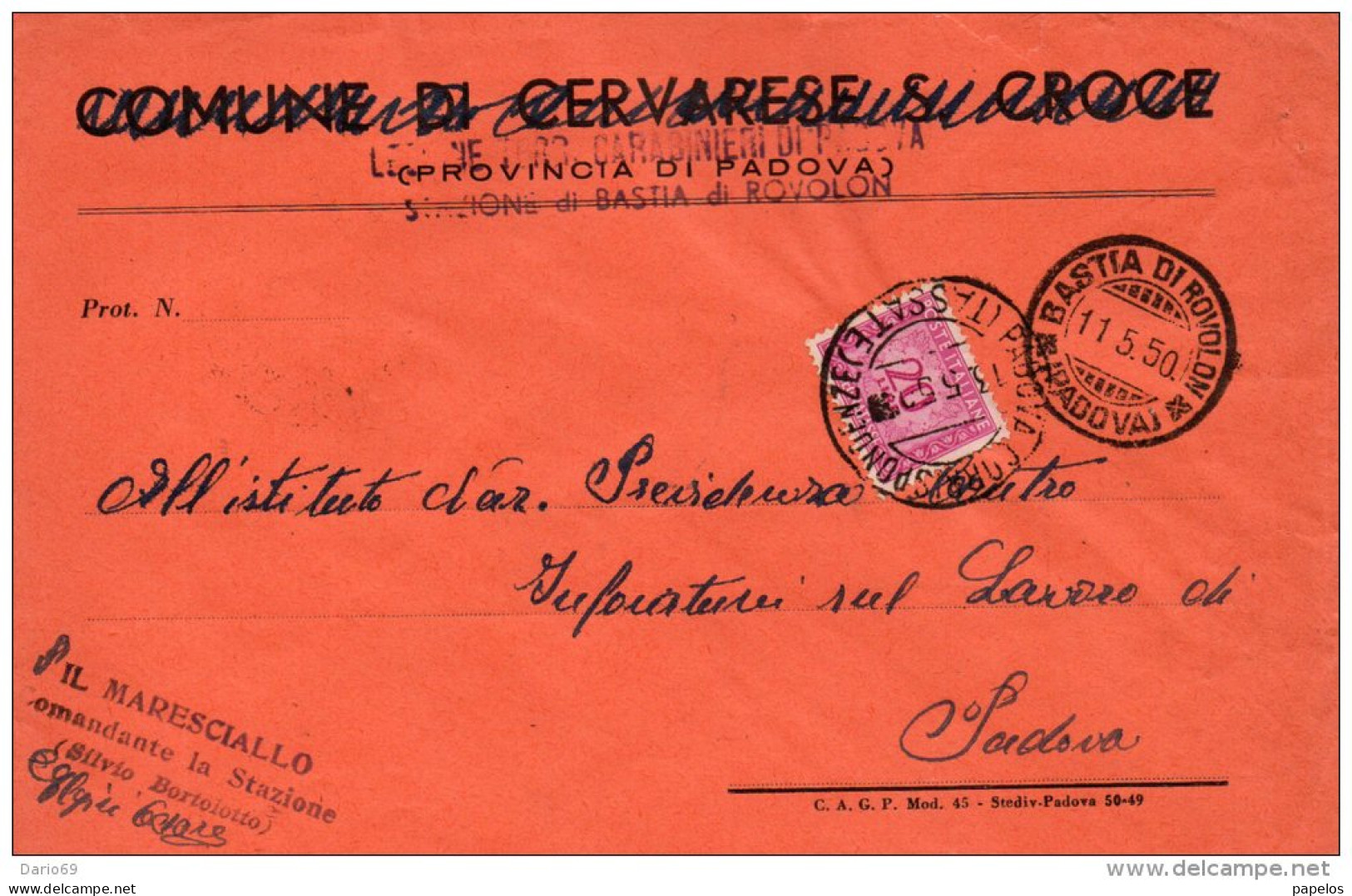 1950  LETTERA CON ANNULLO   BASTIA DI ROVOLON   PADOVA - Taxe