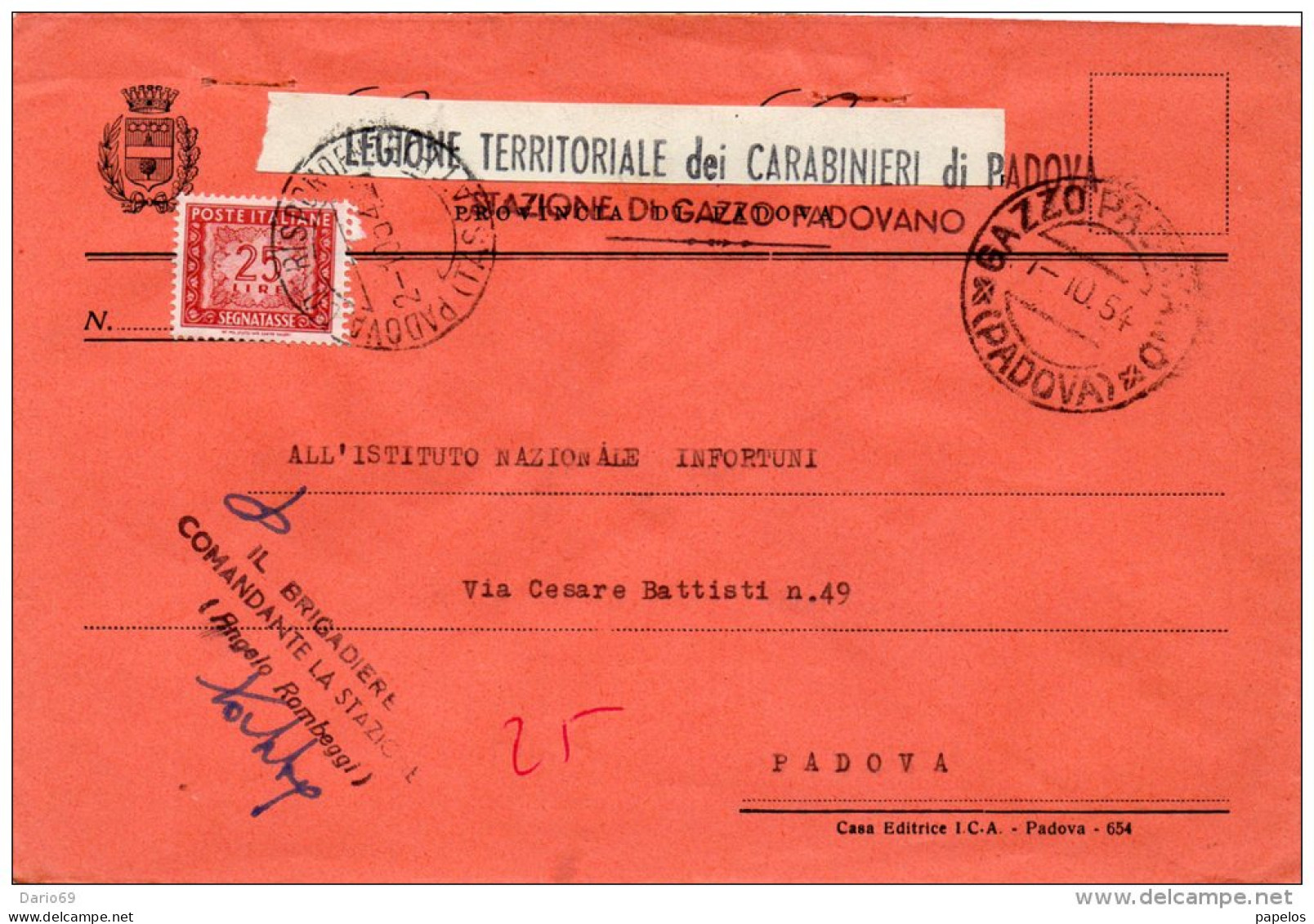 1954  LETTERA CON ANNULLO  GOZZO PADOVANO PADOVA - Postage Due