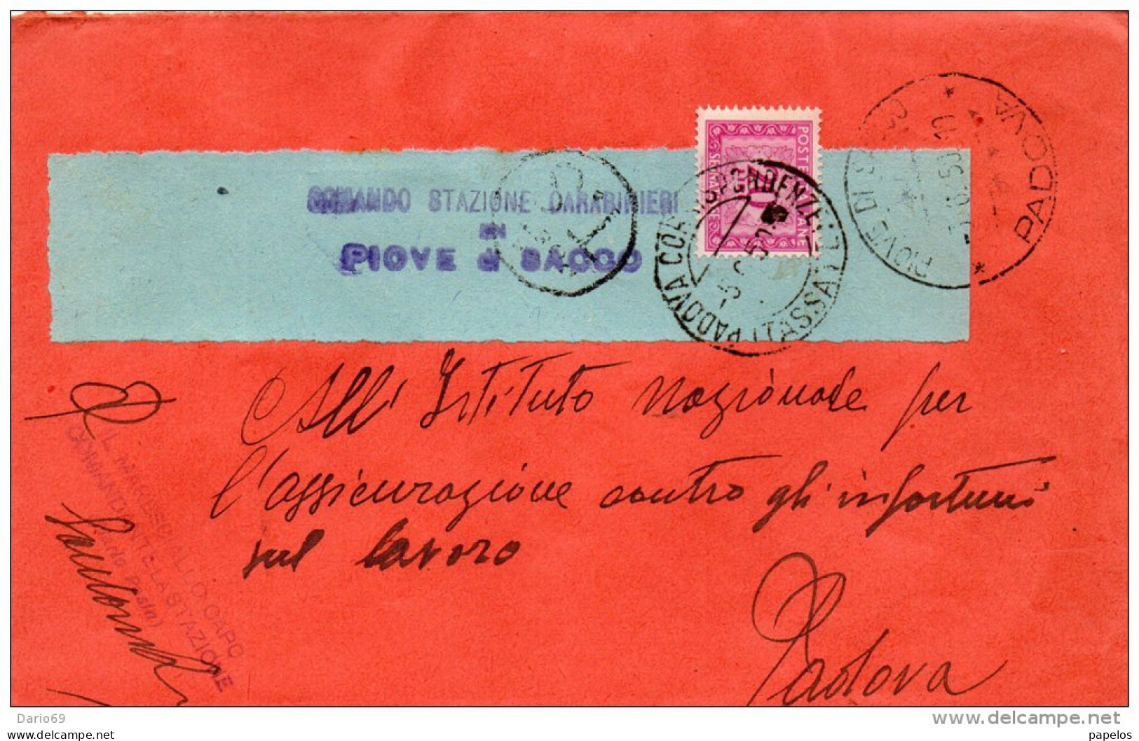 1950 LETTERA CON ANNULLO PIOVE DI SACCO  PADOVA - Portomarken