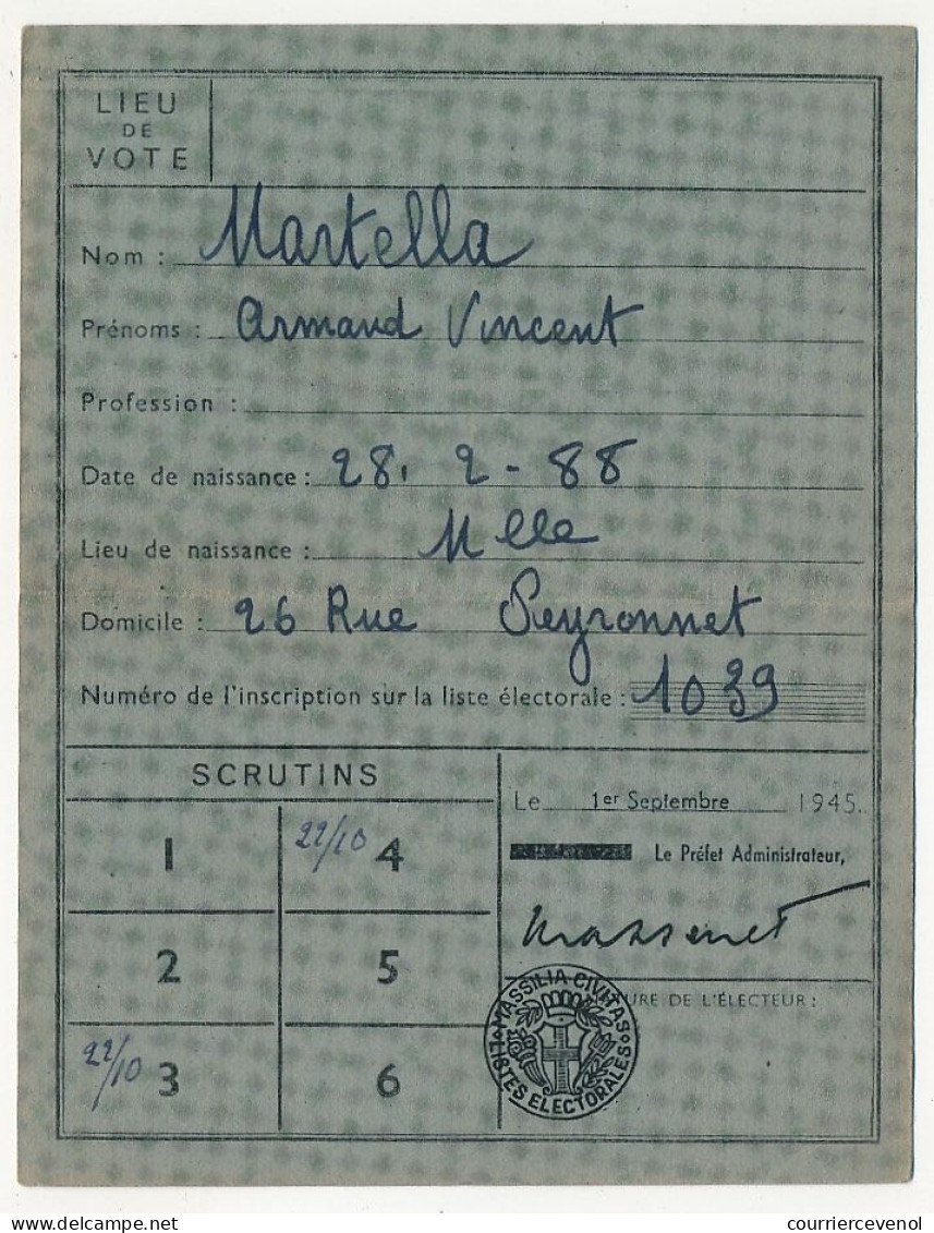 FRANCE - Carte D'électeur X2 31 Mars 1946 - Ville De Marseille - 85eme Bureau Et 171eme Bureau - Documents Historiques