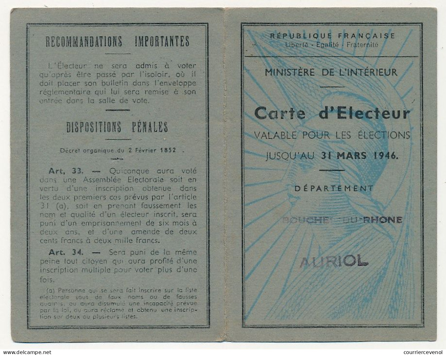 FRANCE - Carte D'électeur X2 31 Mars 1946 - Auriol (B Du R) - Saint Savournin (B Du R) - Documents Historiques