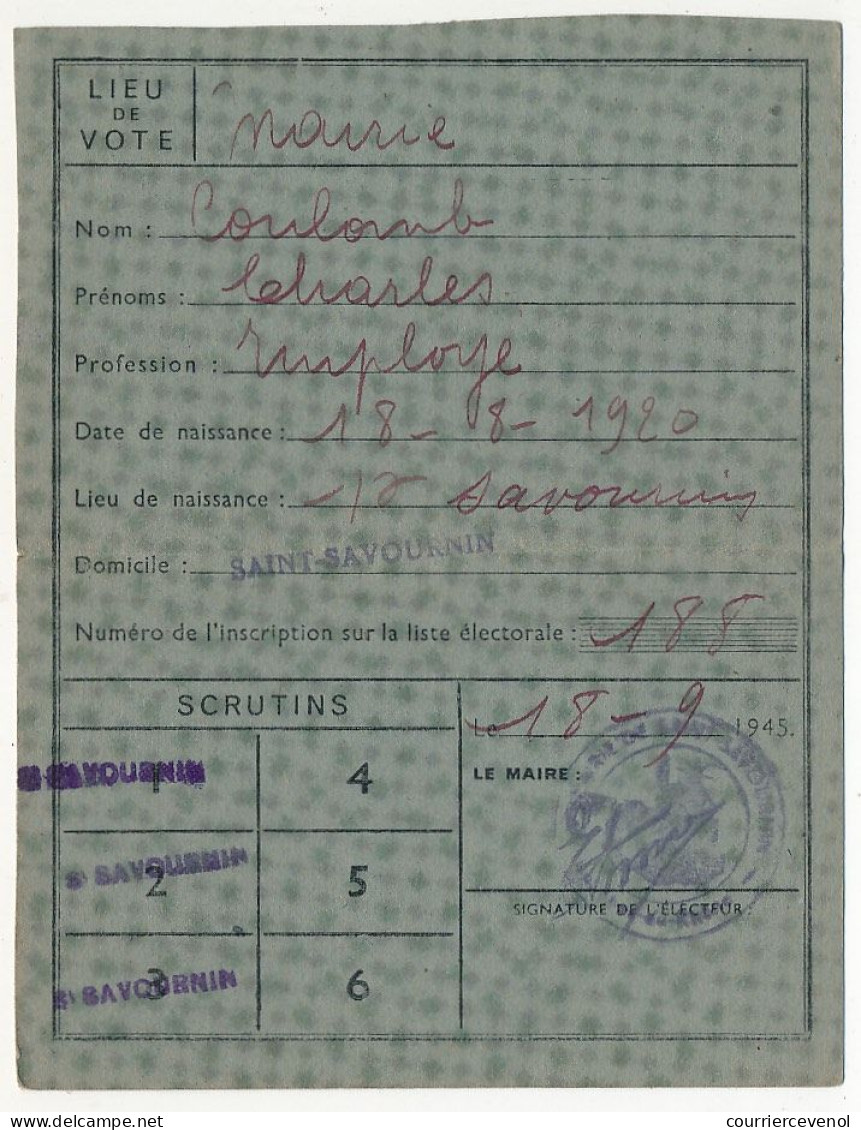 FRANCE - Carte D'électeur X2 31 Mars 1946 - Auriol (B Du R) - Saint Savournin (B Du R) - Documents Historiques