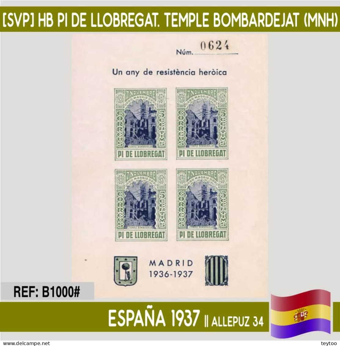 B1000# España 1937 [SVP] HB Pi De Llobregat. Temple Bombardejat (MNH) - Emissions Républicaines