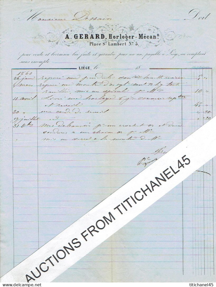 1860 - LIEGE - A. GERARD HORLOGER MECANICIEN - Grosses Horlogeries, Régulateurs, Pendules, Montres - Autres & Non Classés