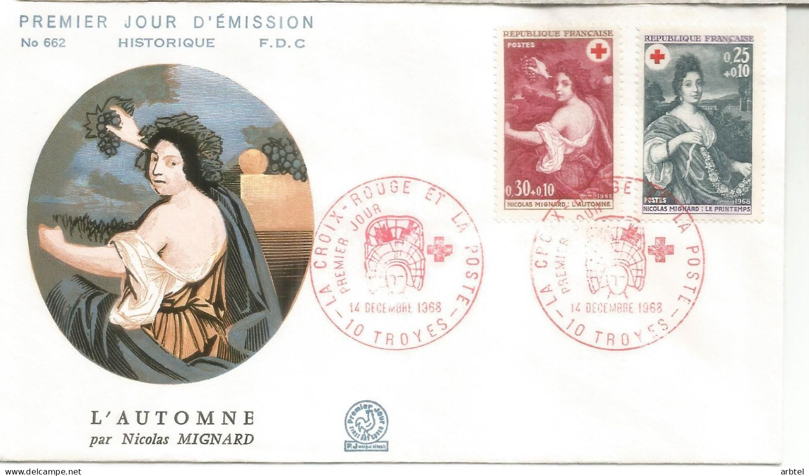 FRANCIA FDC EL OTOÑO AUTOMNE ARTE NICOLAS MIGNARD CRUZ ROJA RED CROSS 1968 - Klimaat & Meteorologie