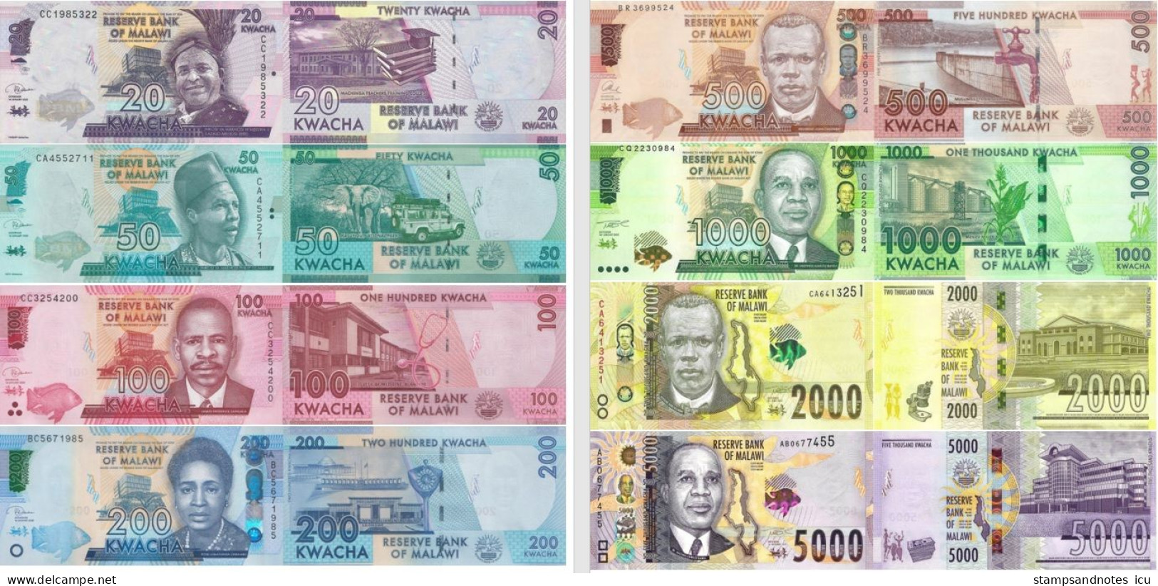 MALAWI 20 50 100 200 500 1000 2000 5000 Kwacha 2012 - 2022 P 60 - 69, W71 UNC 8 Banknotes Set - Malawi