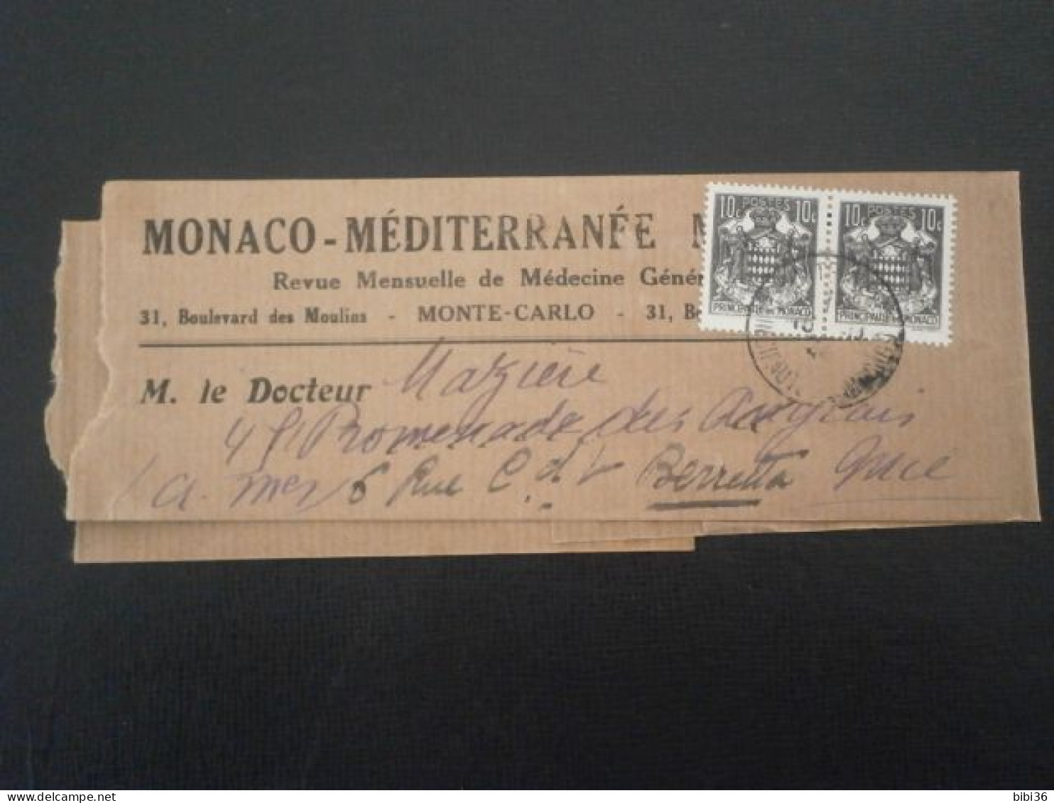 MONACO LETTRE ENVELOPPE COURRIER BANDE JOURNAL MONACO MEDITERRANEE COMPLETE NICE ALPES MARITIMES 249 - Brieven En Documenten