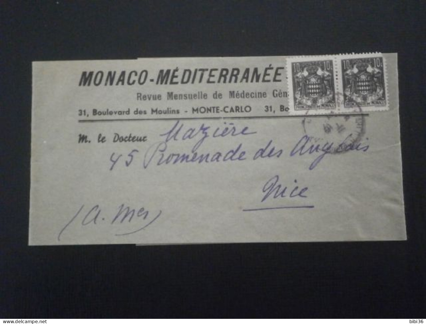 MONACO LETTRE ENVELOPPE COURRIER BANDE JOURNAL MONACO MEDITERRANEE COMPLETE NICE ALPES MARITIMES 249 - Cartas & Documentos