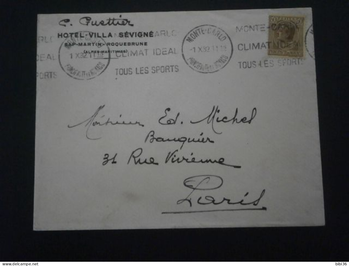 MONACO LETTRE ENVELOPPE COURRIER TIMBRE 87 HOTEL VILLA SEVIGNE FLAMME RBV MONTE CARLO CLIMAT IDEAL TOUS LES SPORTS - Lettres & Documents