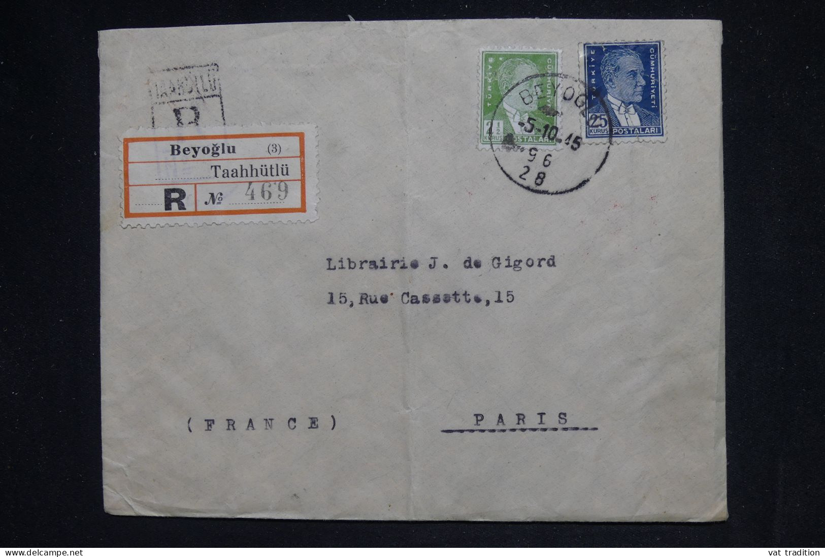 TURQUIE - Enveloppe En Recommandé De Taahhütlü Pour Paris En 1945, Affranchissement Recto/verso   - L 149720 - Storia Postale