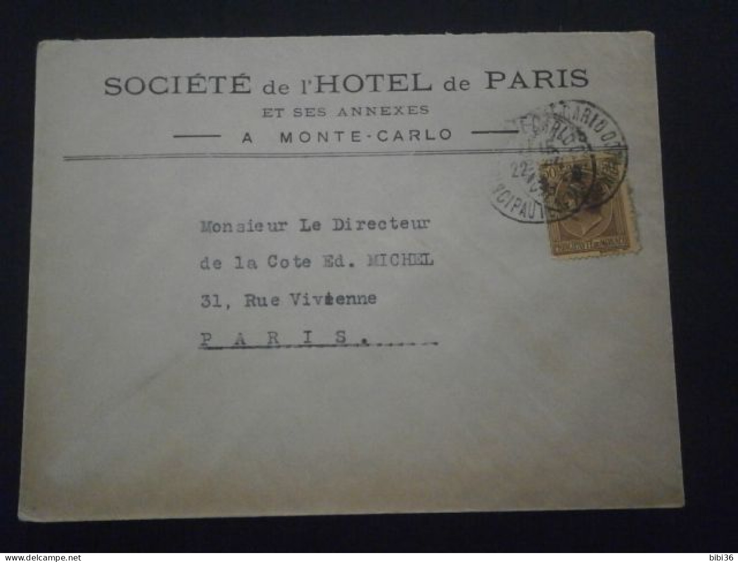 MONACO LETTRE ENVELOPPE COURRIER TIMBRE 87 MONTE CARLO SOCIETE HOTEL PARIS - Cartas & Documentos