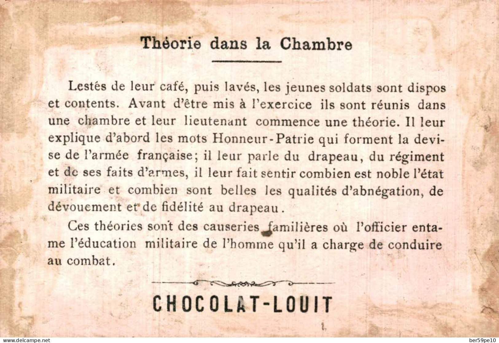 CHROMO CHOCOLAT LOUIT LIEUTENANT ET SES SOLDATS N°7 THEORIE DANS LA CHAMBRE - Louit