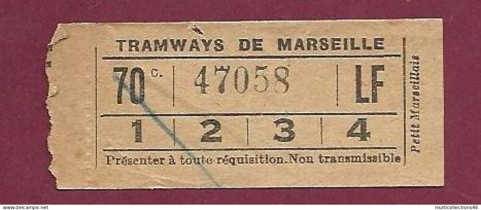 180124A - TICKET Billet TRAMWAYS De MARSEILLE 70c N°47058 - Europa