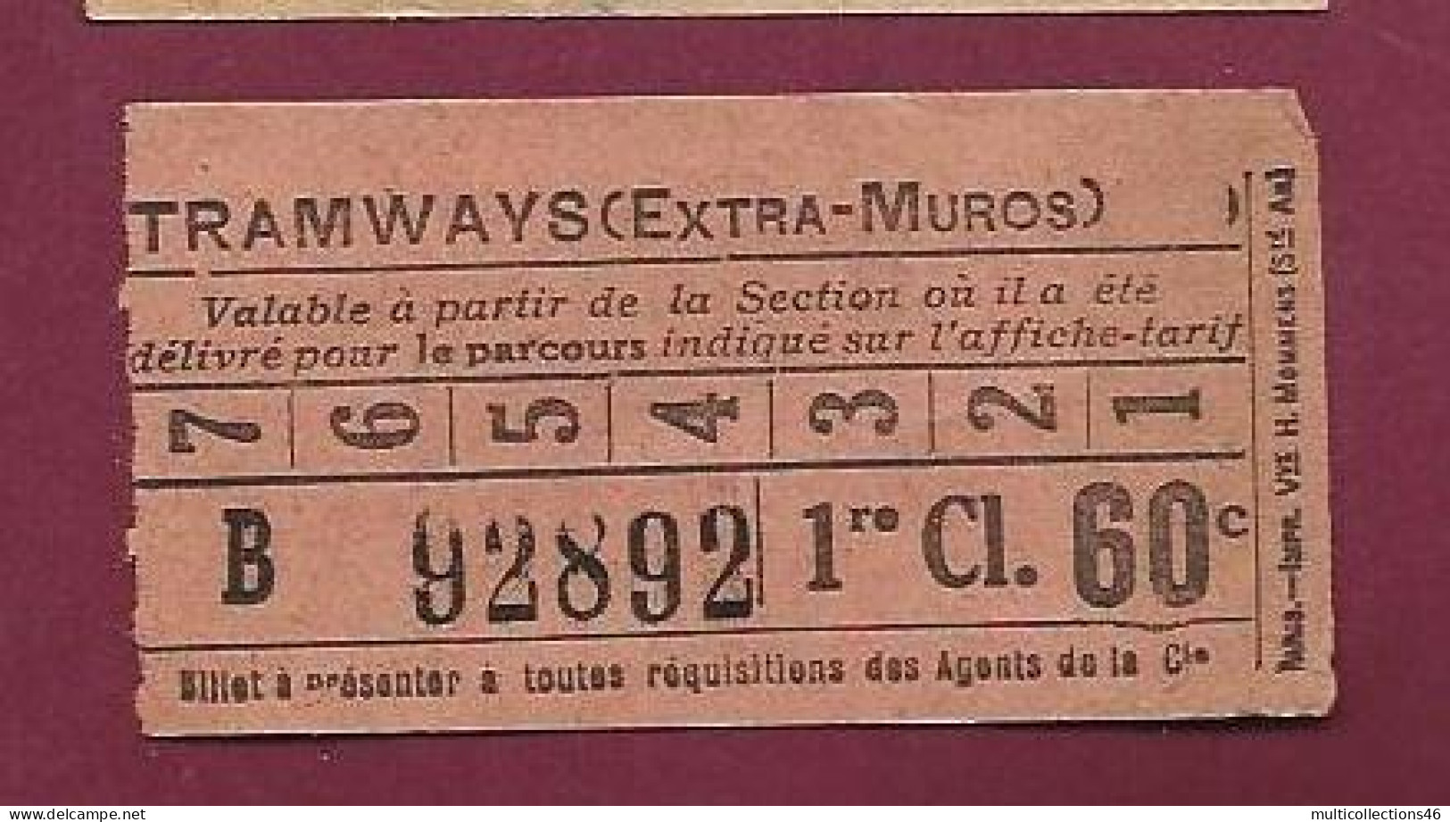 180124A - TICKET Billet TRAMWAYS EXTRA MUROS B92892 1RE CL 60c RTPC - Europa