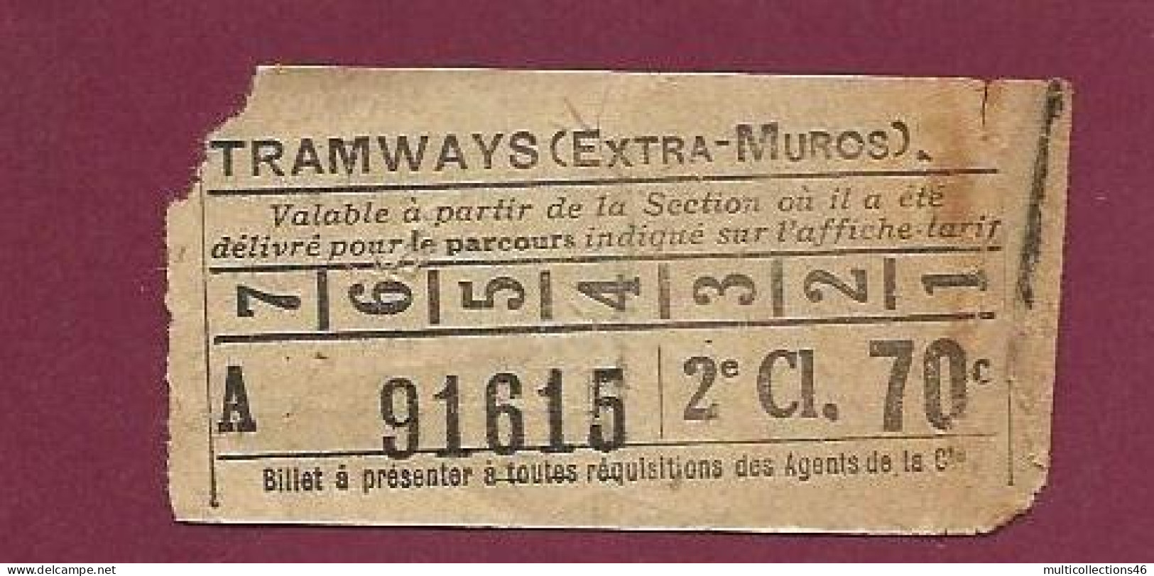 180124A - TICKET Billet TRAMWAYS EXTRA MUROS A91615 70c 2e Cl RTPC - Europe