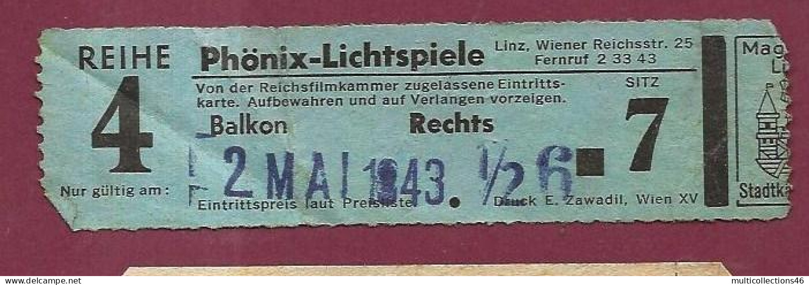 180124A - AUTRICHE BILLET CINEMA 1943 LINZ Phönix Lichtspiele Reihe 4 - Linz